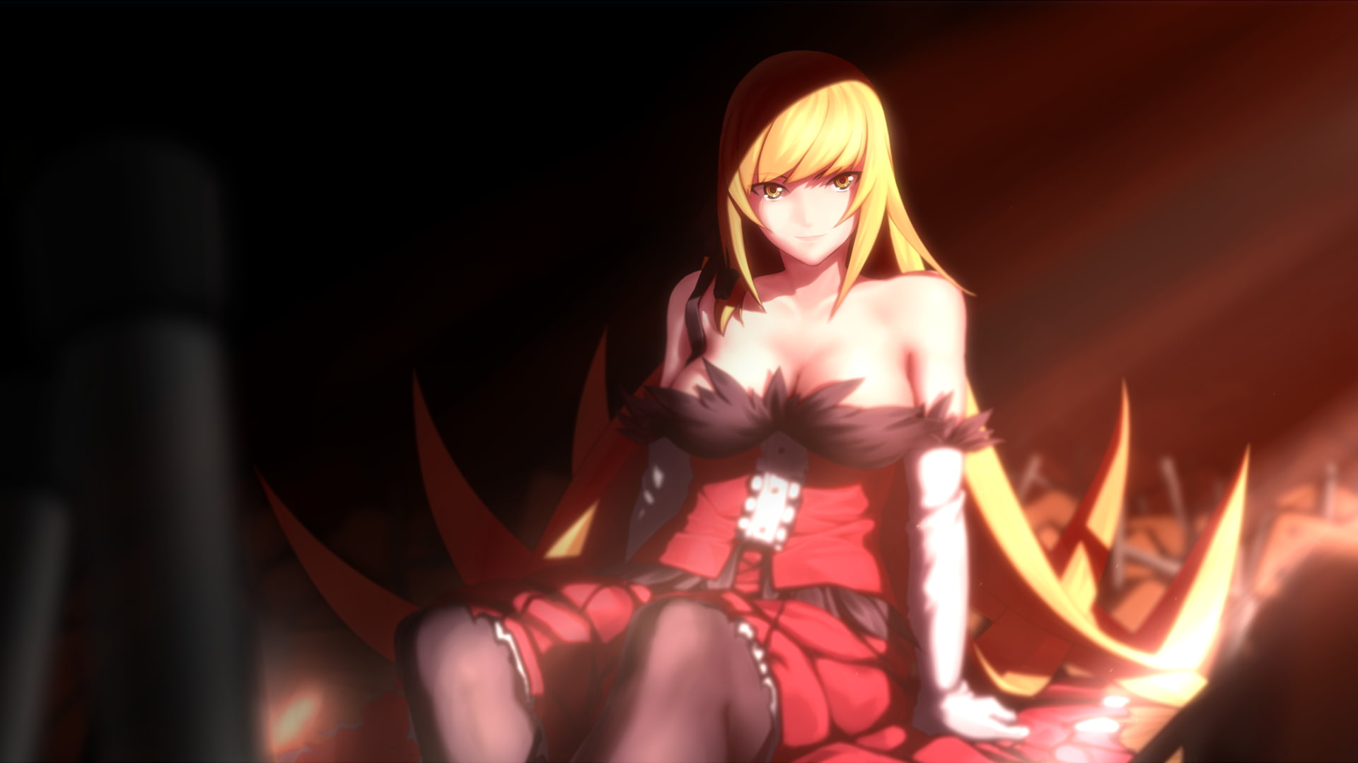 glowing, three quarter length, anime girls, Monogatari Series, black background, heat - temperature, front view, anime, fire - natural phenomenon, fire, HD Wallpaper