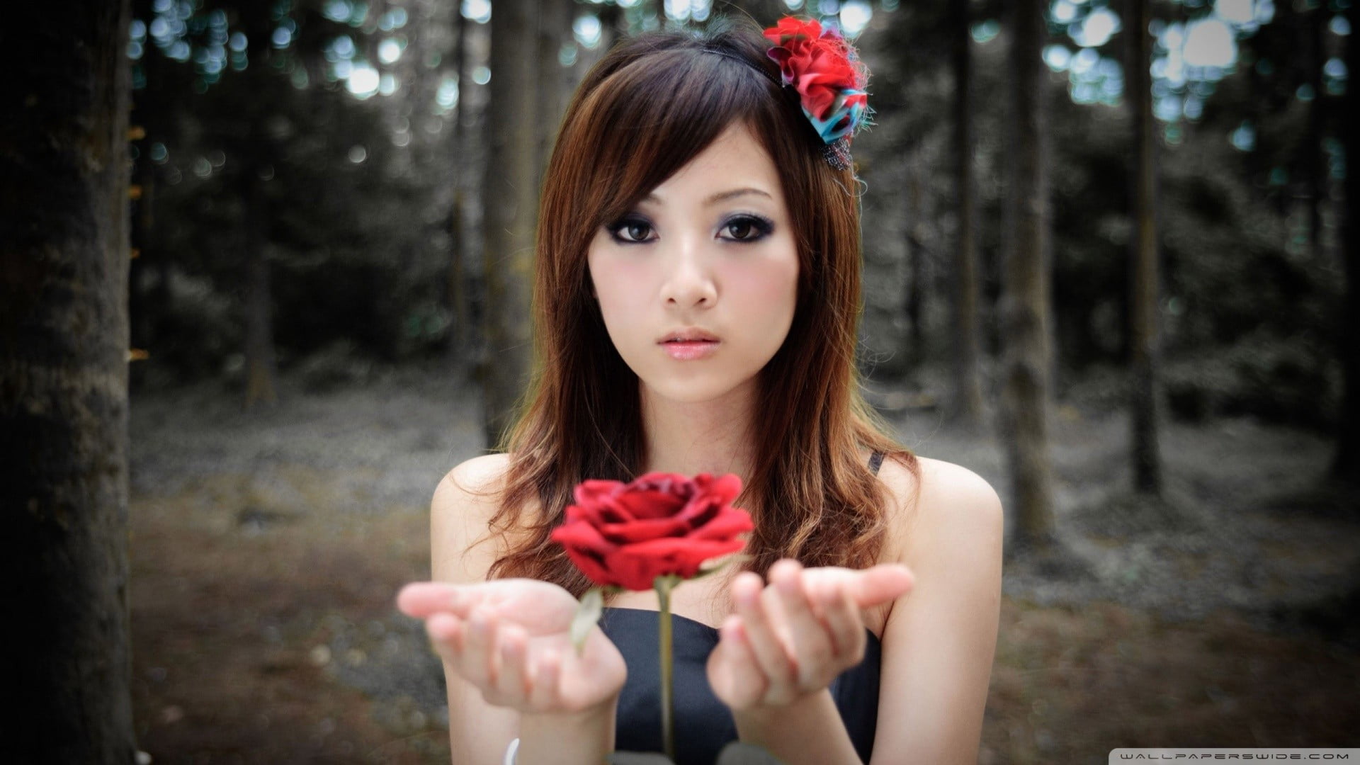 hair, looking at camera, young adult, tree, long hair, nature, hairstyle, Mikako Zhang Kaijie, woodland, brunette, contemplation, day, focus on foreground, HD Wallpaper