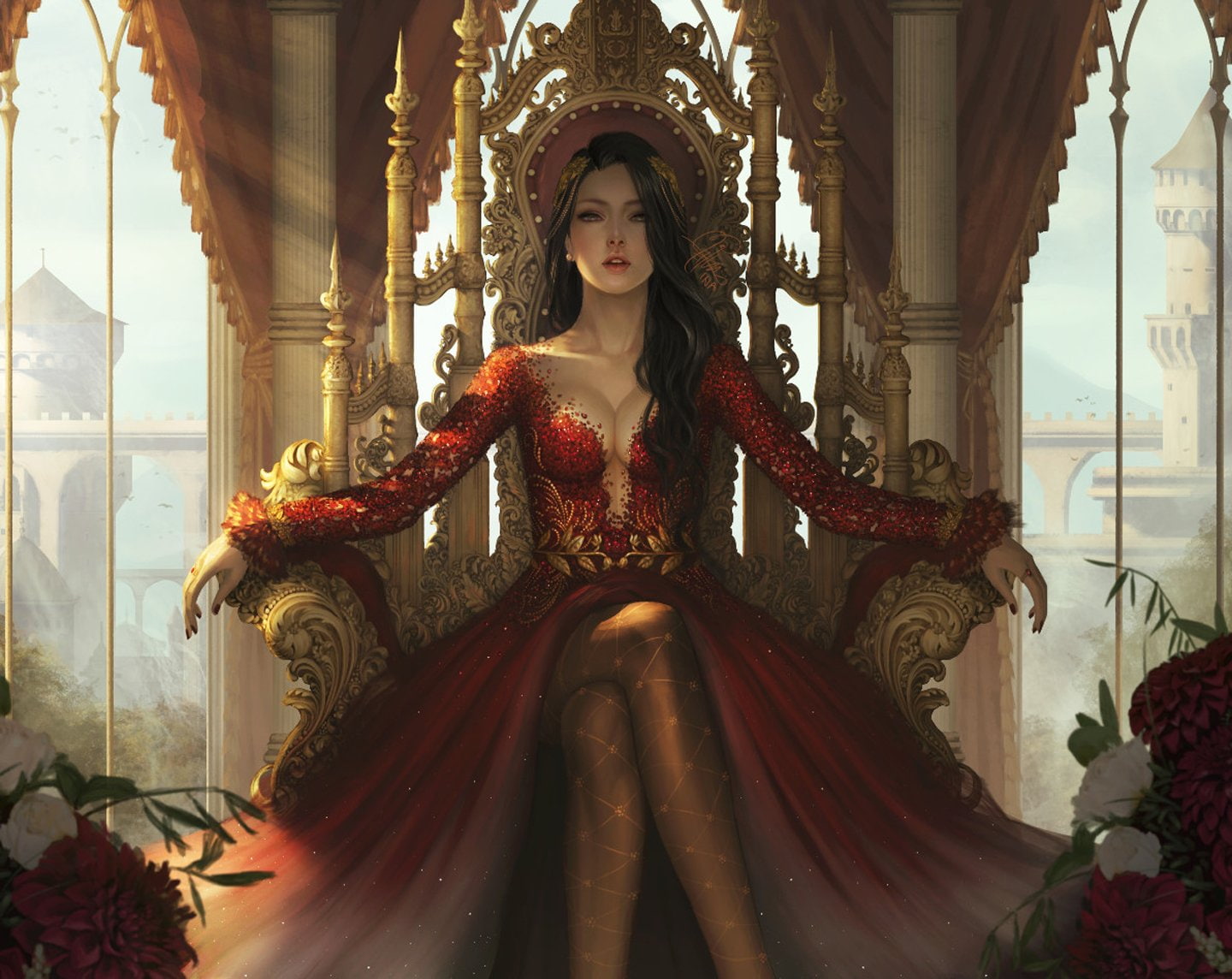 inawong, fantasy, long, 720P, original, hair, red, artstation, dress, quen, woman, beautiful, HD Wallpaper