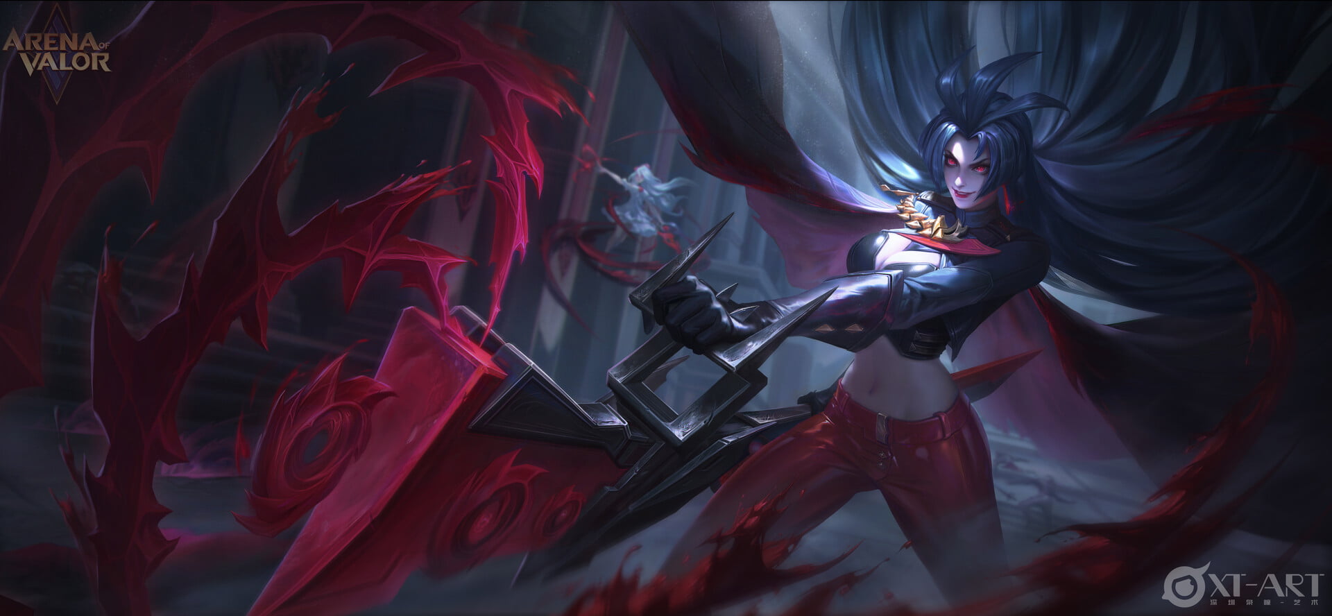 long hair, weapon, fantasy art, Arena of Valor, video game girls, fantasy girl, red eyes, glowing eyes, belly, 1080P, video game art, HD Wallpaper