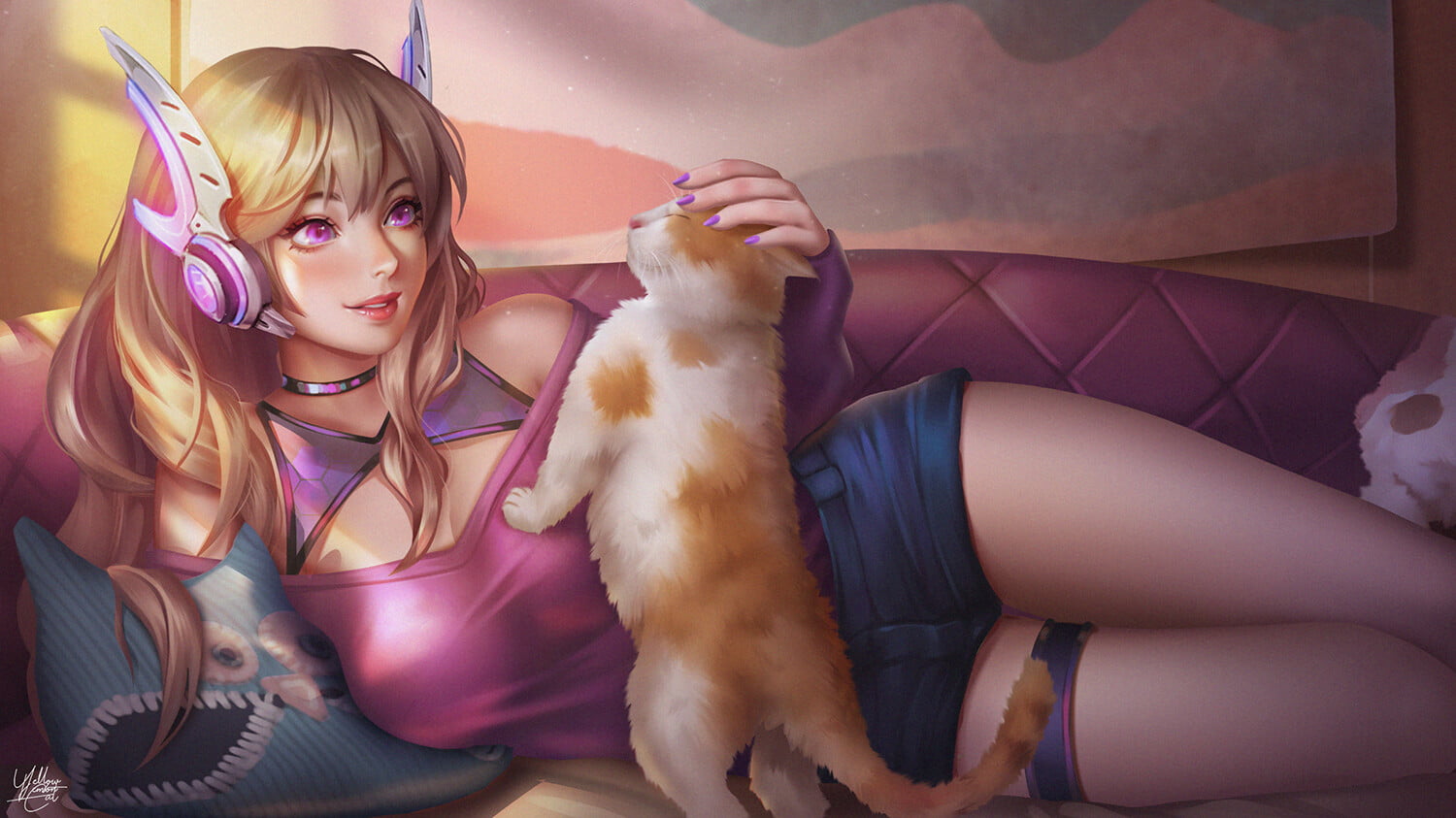 purple hair, women, relaxing, brunette, cats, Yellow Lemon Cat, couch, Arena of Valor, pink clothing, drawing, purple nails, headsets, 720P, HD Wallpaper