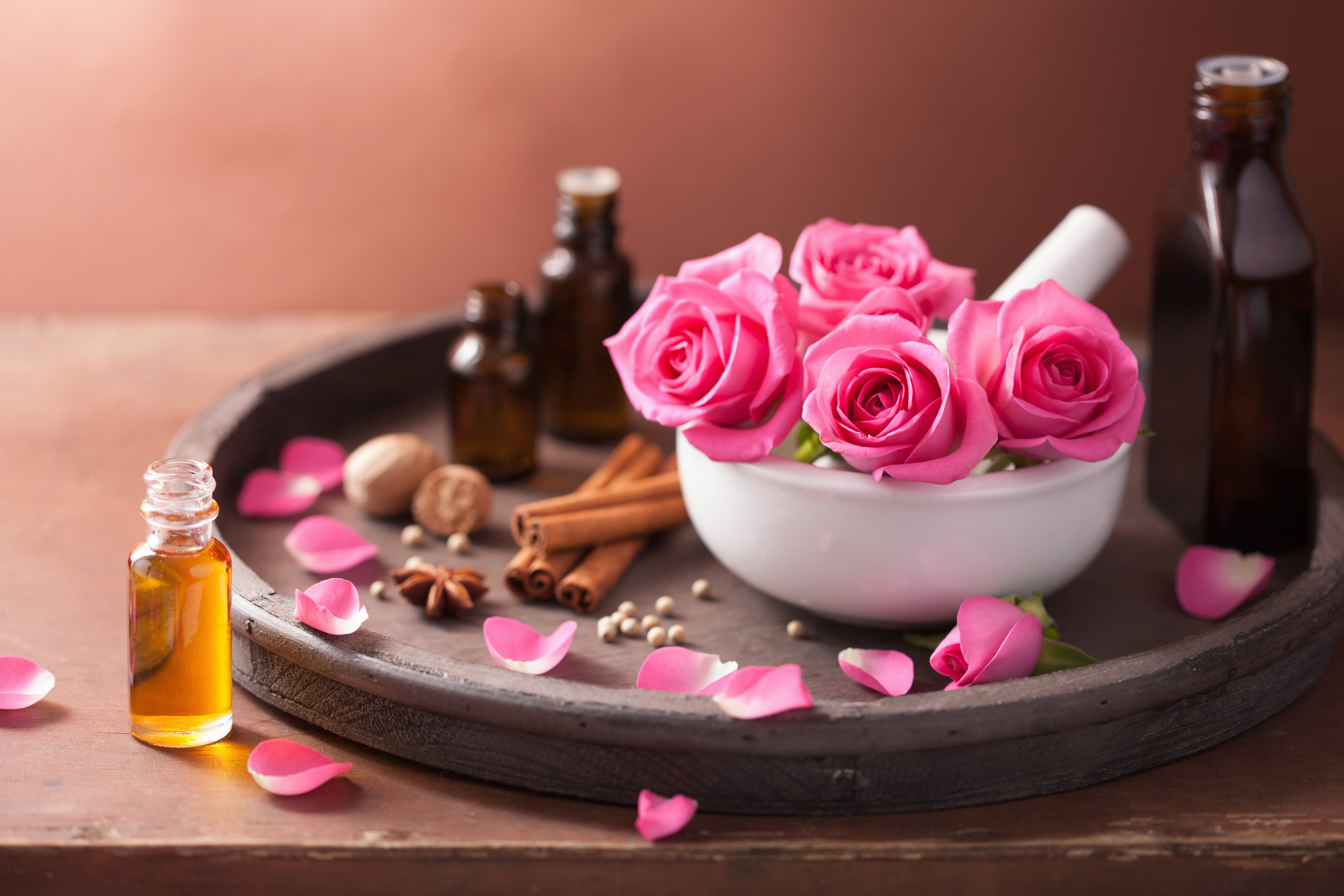 food and drink, food, petals, beauty in nature, pink, indoors, pink flowers, flower head, flowering plant, still life, container, table, close-up, aromatherapy oil, HD Wallpaper