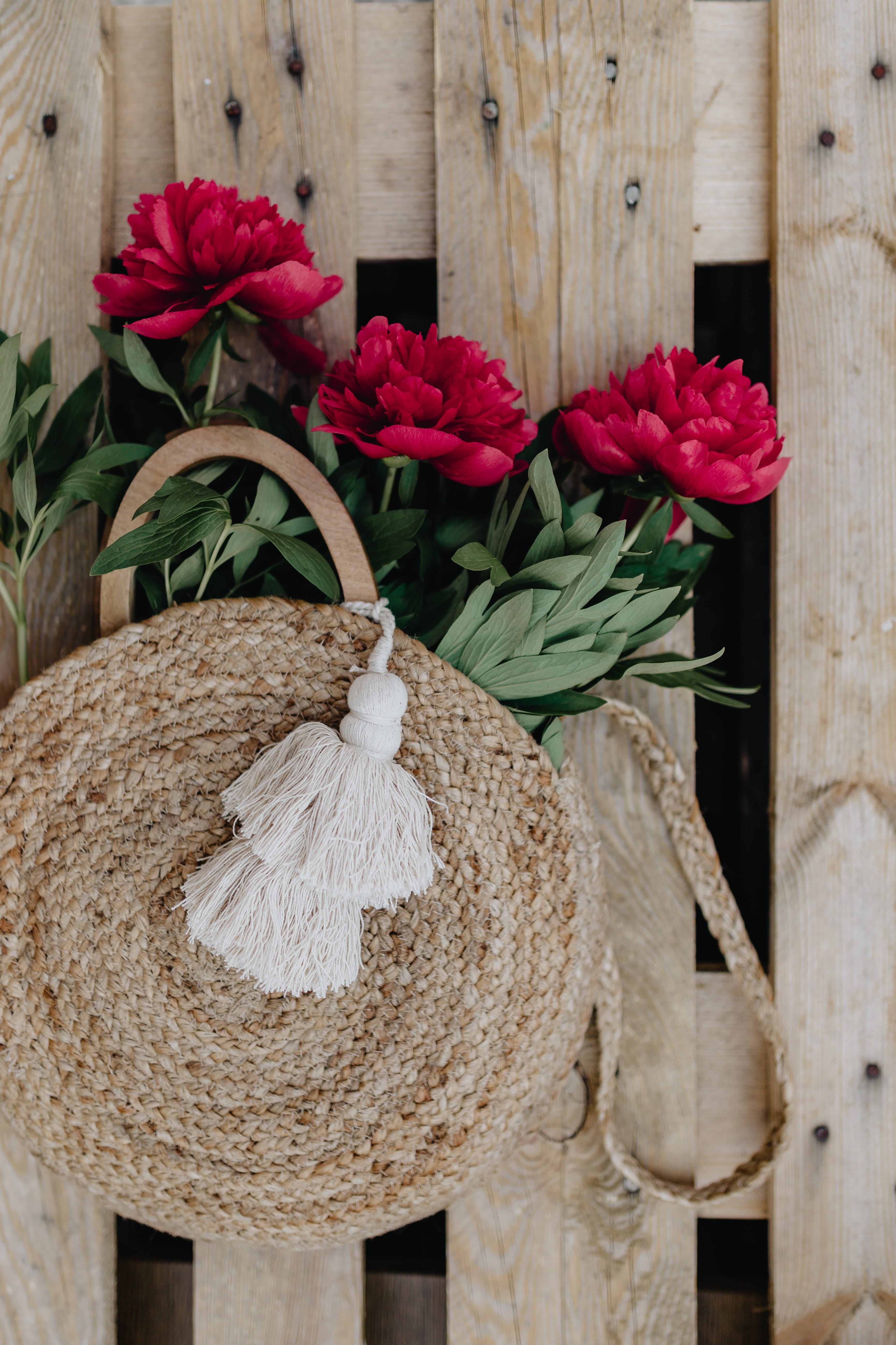 outdoors, beauty in nature, zara bag, freshness, boundary, wood - material, nature, peonies, hanging, decoration, flowering plant, fence, plant, plant part, Phone HD Wallpaper