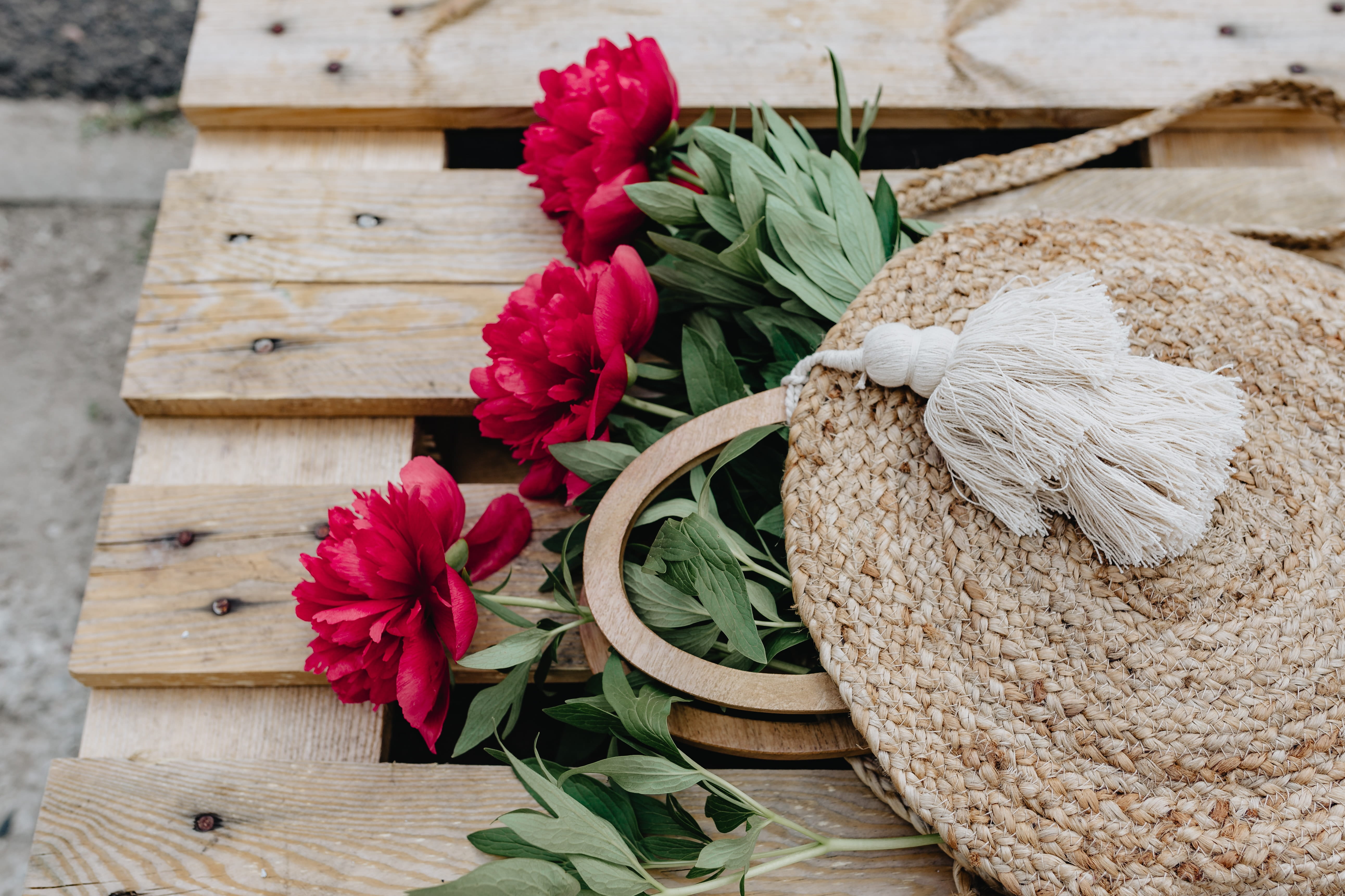 peonies, wood - material, freshness, plant part, nature, raffia basket, flowers, beauty in nature, plant, red, zara bag, outdoors, food, wellbeing, blooming, HD Wallpaper