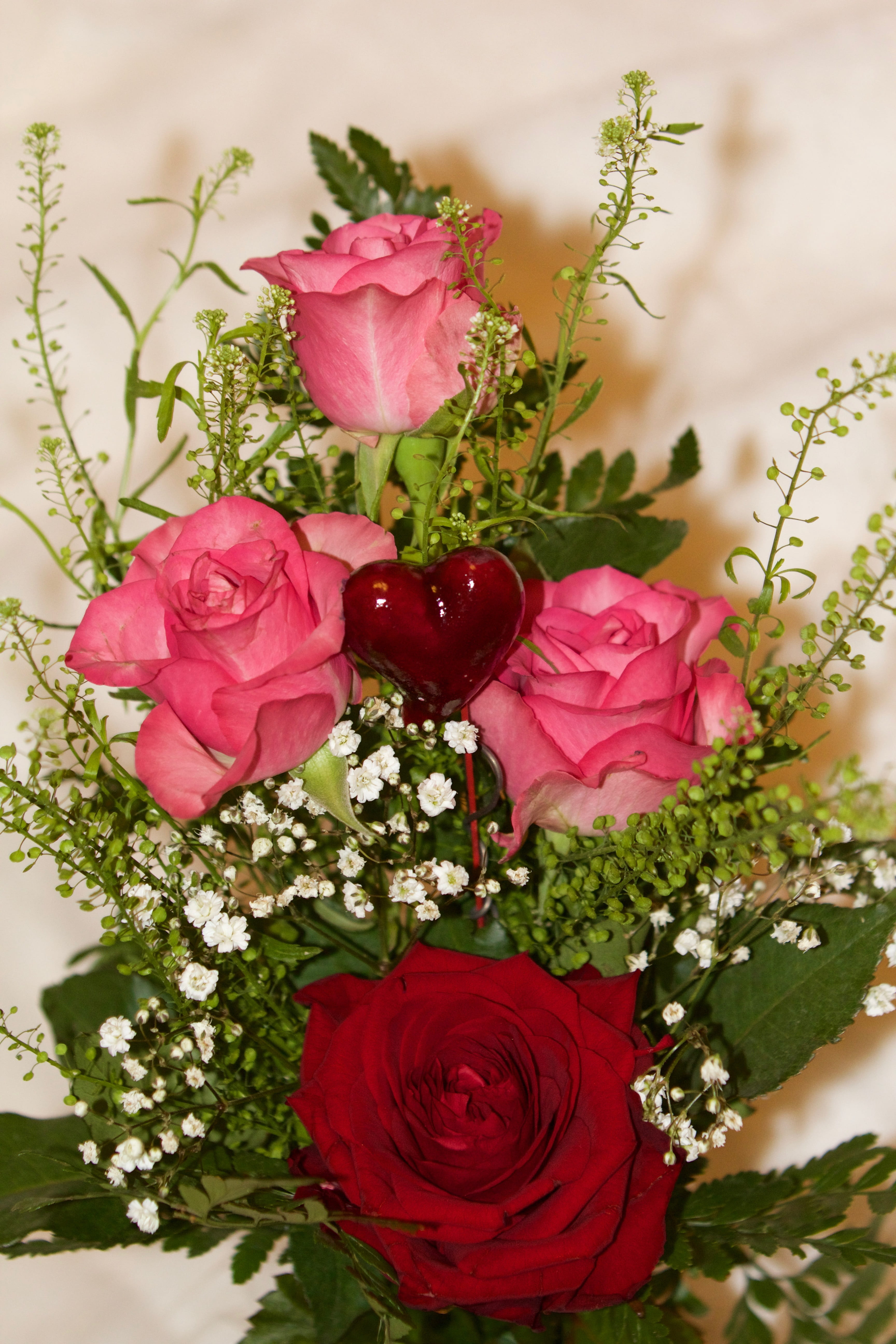 pink color, flower, 5K, high angle view, close-up, vulnerability, red, plant, bouquet, Roses, peony, indoors, inflorescence, flowering plant, bunch of flowers, Phone HD Wallpaper