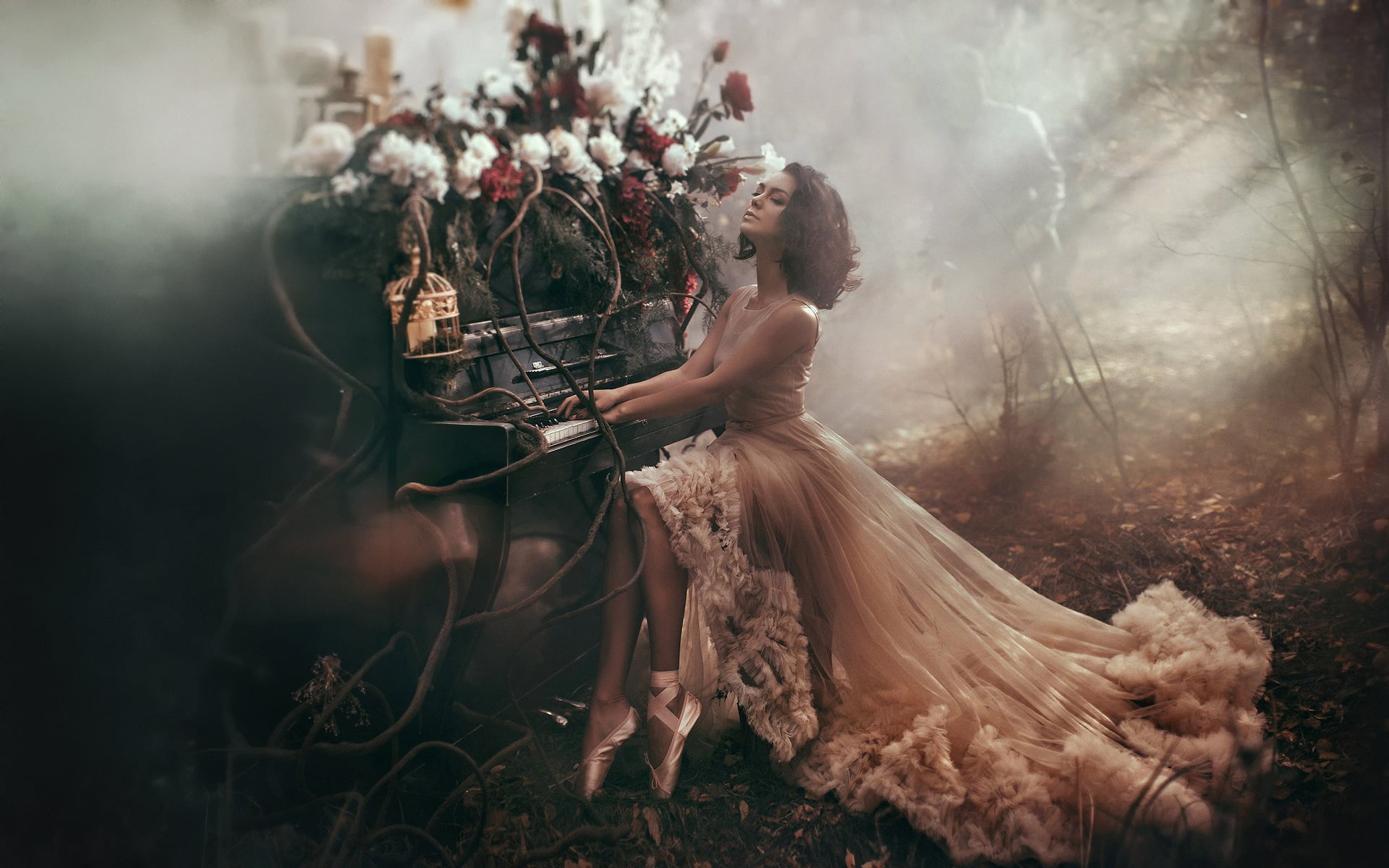 beautiful woman, trees, girl, piano, nature, event, people, haze, outdoors, clothing, style, ballet flats, 1080P, real people, dress, land, field, fashion, HD Wallpaper