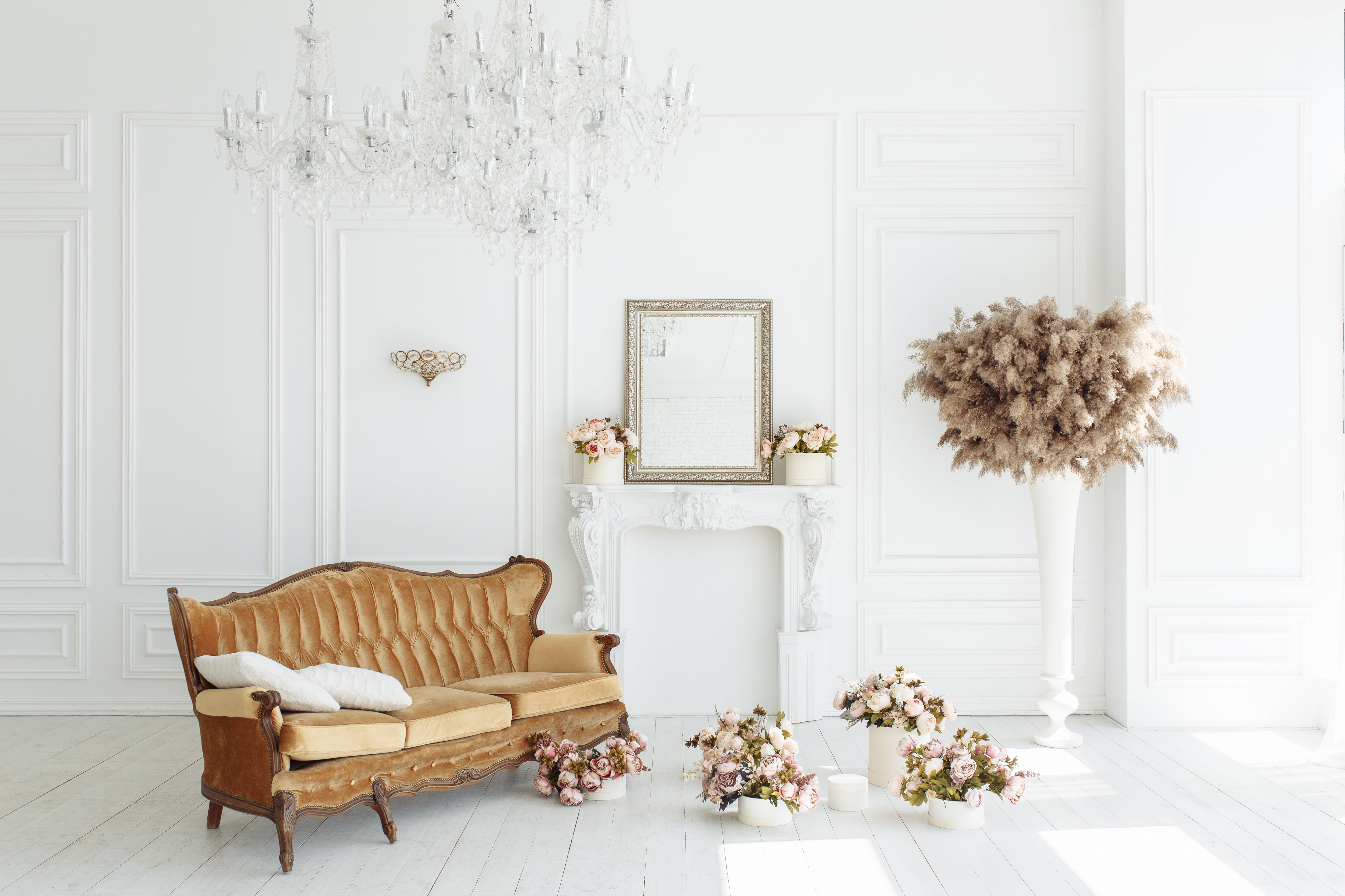5K, vintage, flowers, design, peonies, room, interior, sofa, pink, provance, fireplace, HD Wallpaper
