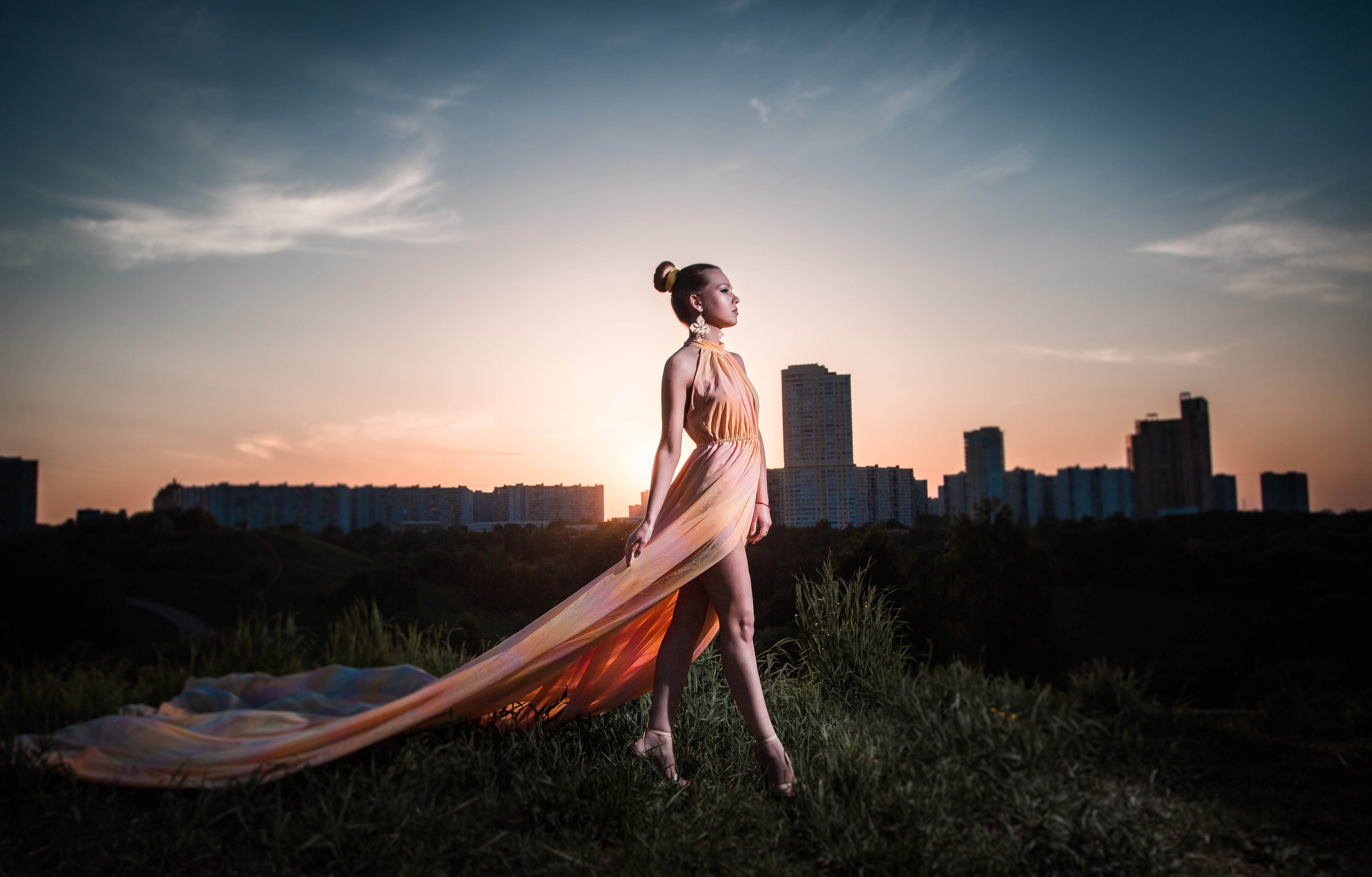 wedding dress, architecture, city, sky, 5K, weddings, full length, cityscape, building exterior, standing, outdoors, cloud - sky, building, nature, one person, HD Wallpaper