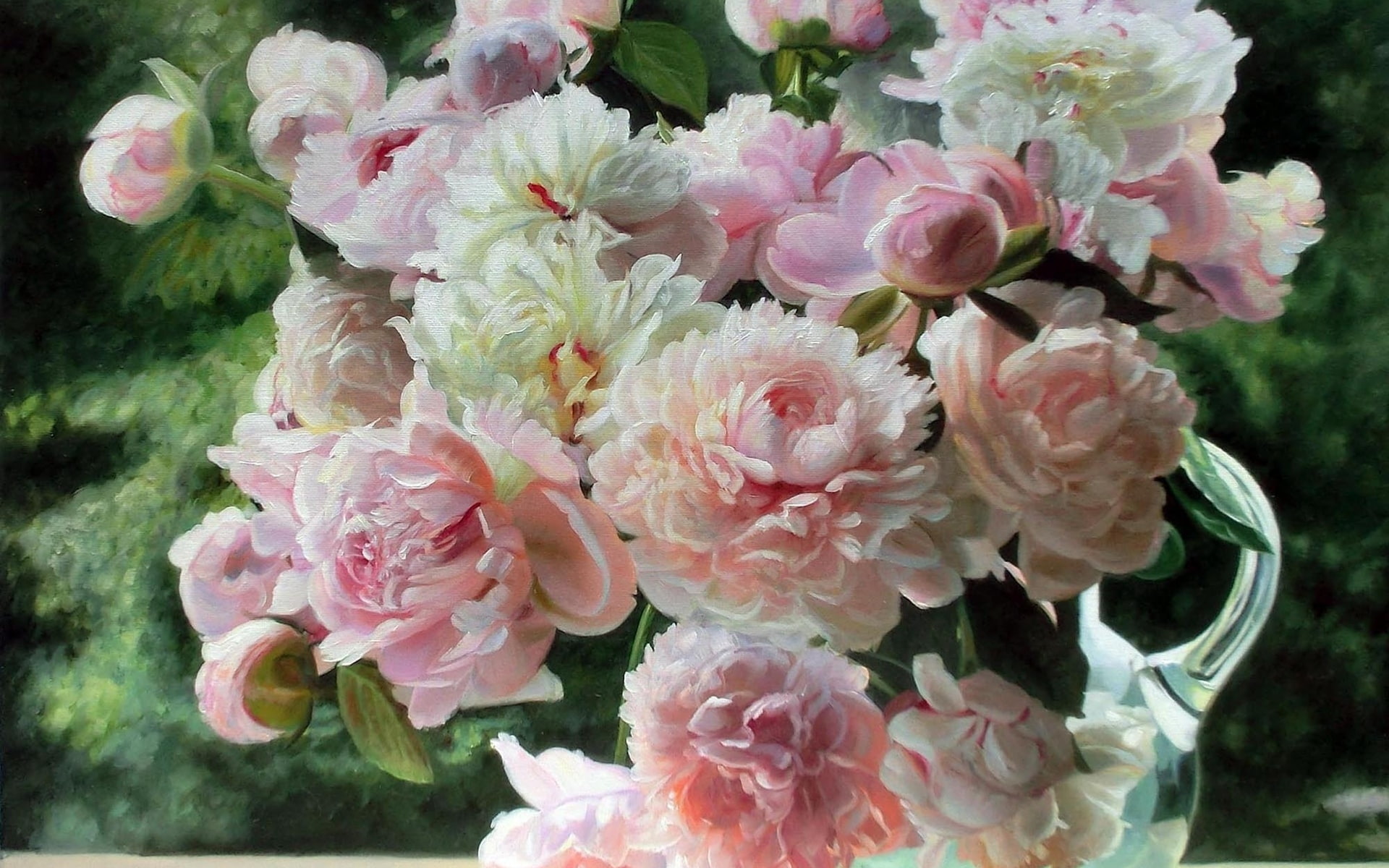 peonies, zbigniew, life, 1080P, flowers, art, kopania, bouquet, decanter, painting, HD Wallpaper
