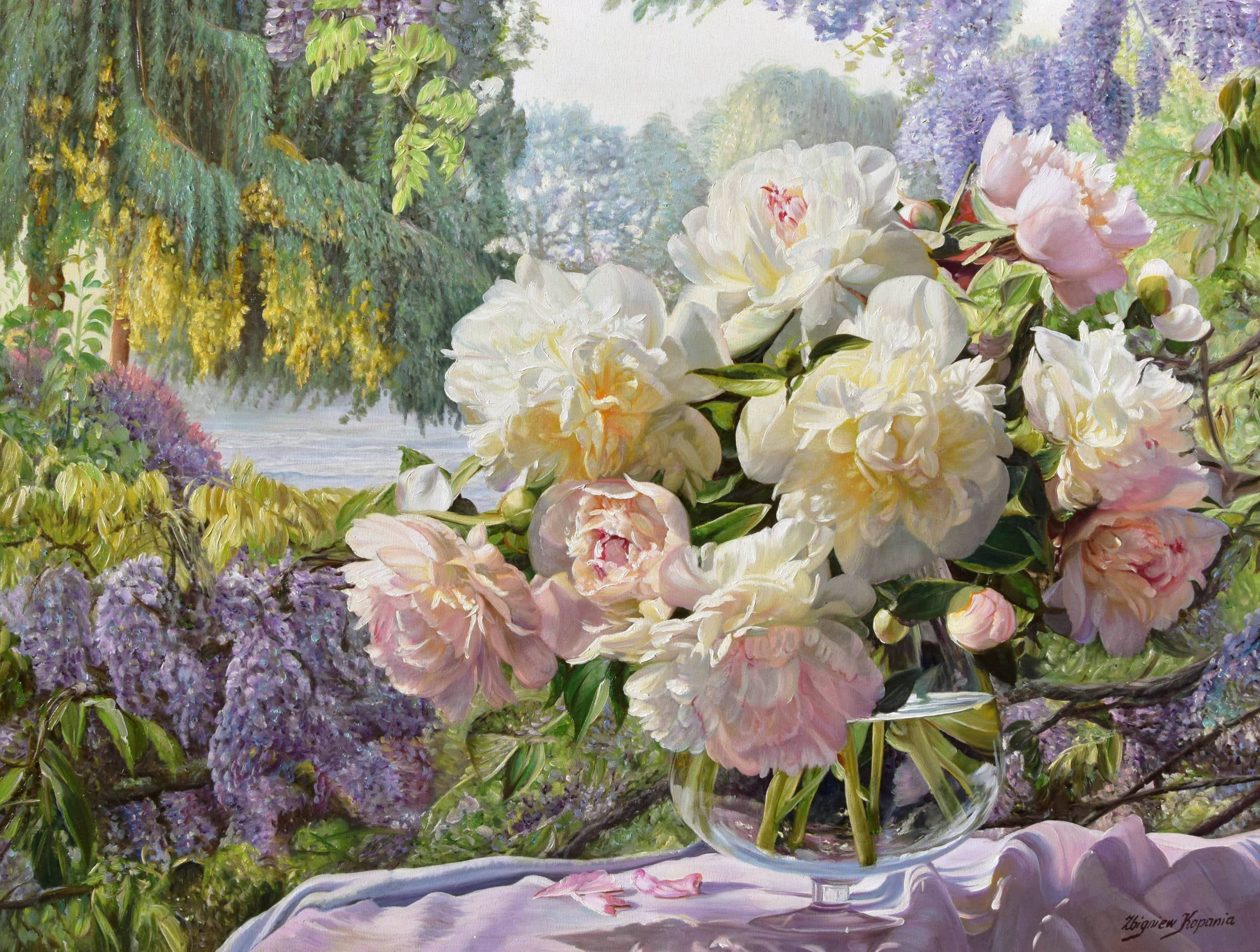 bouquet, garden, peonies, vase, 2K, Zbigniew Kopania, HD Wallpaper