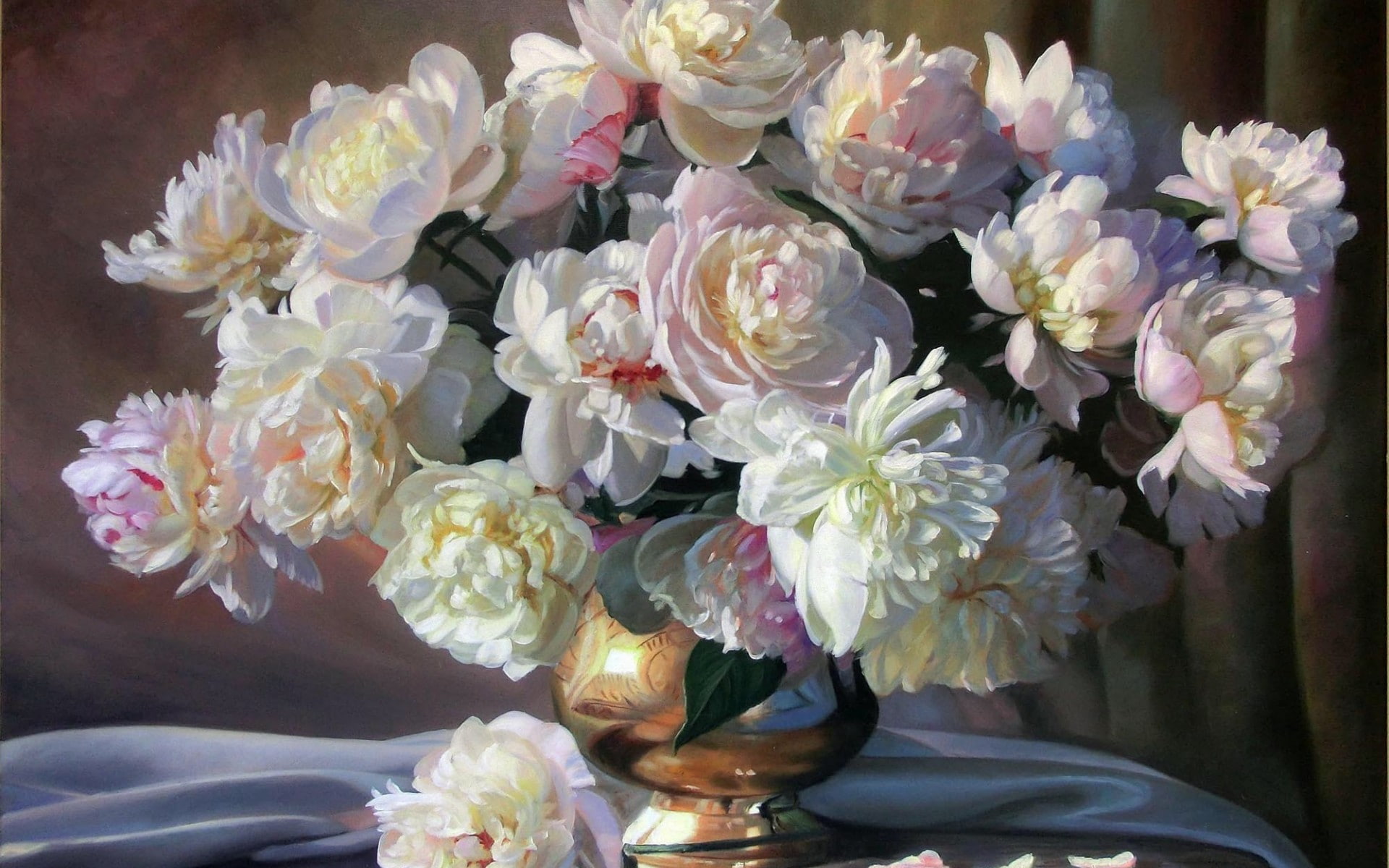 zbigniew, kopania, flowers, fabric, painting, petals, white, life, peonies, bouquet, paintings, vase, 1080P, HD Wallpaper