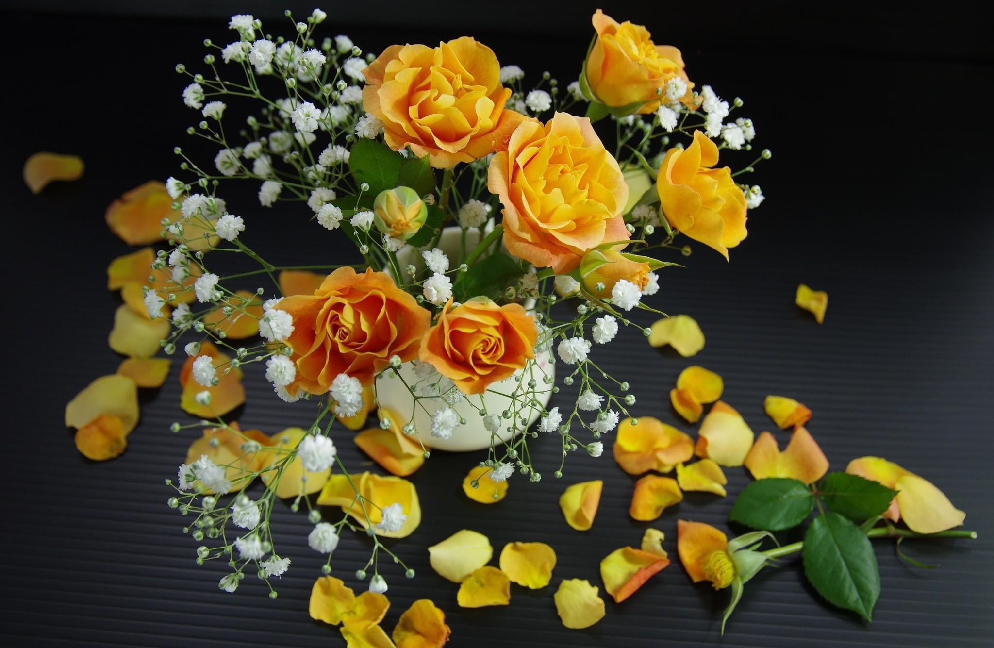 flower Head, blossom, still life, inflorescence, freshness, gift, celebration, roses, yellow, black background, leaf, close-up, wedding, 1080P, high angle view, HD Wallpaper