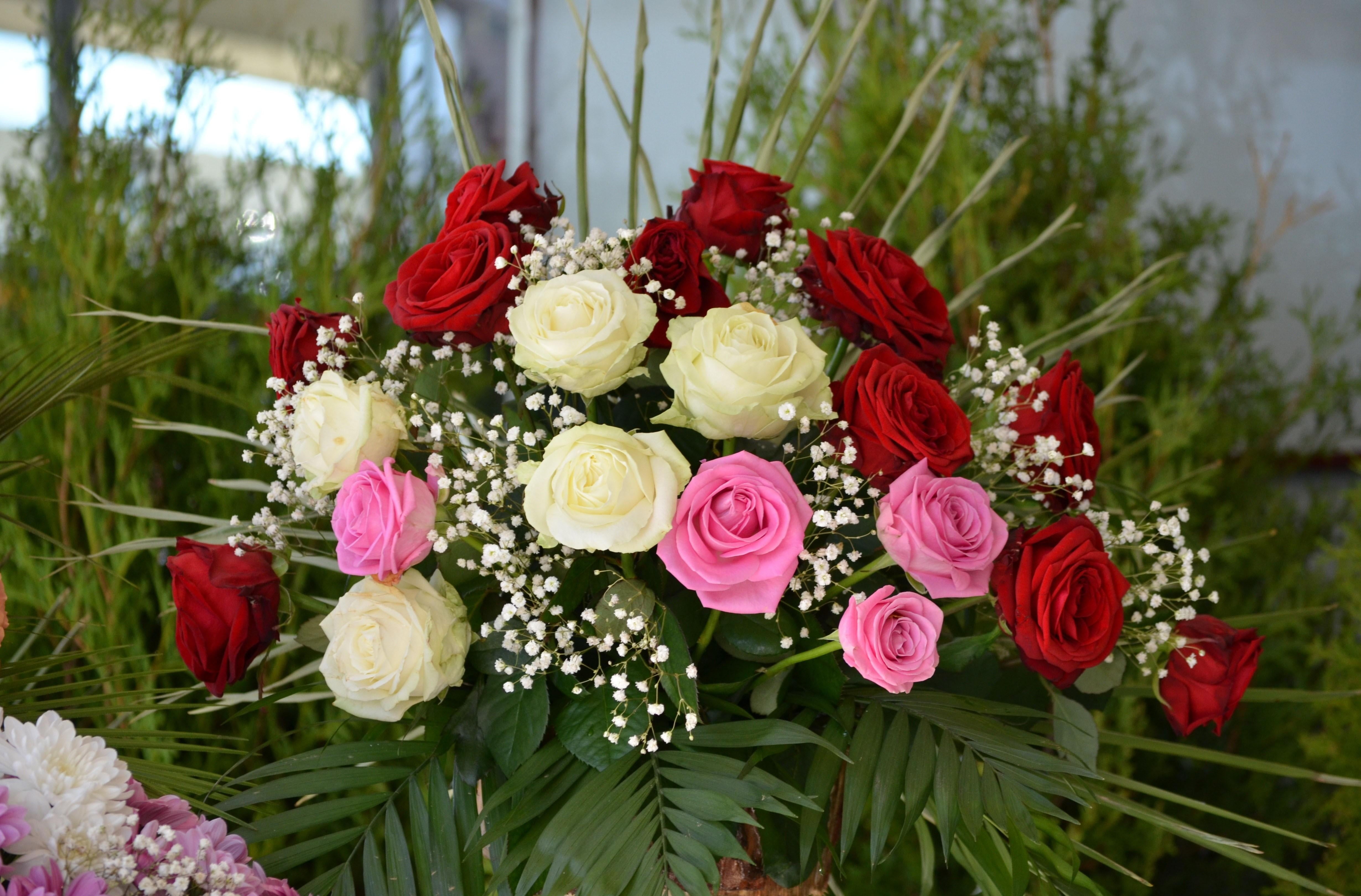 summer, flowering plant, flowers, outdoors, arrangement, love, flower arrangement, red, pink Color, roses, flower Head, petal, beauty In Nature, decoration, HD Wallpaper