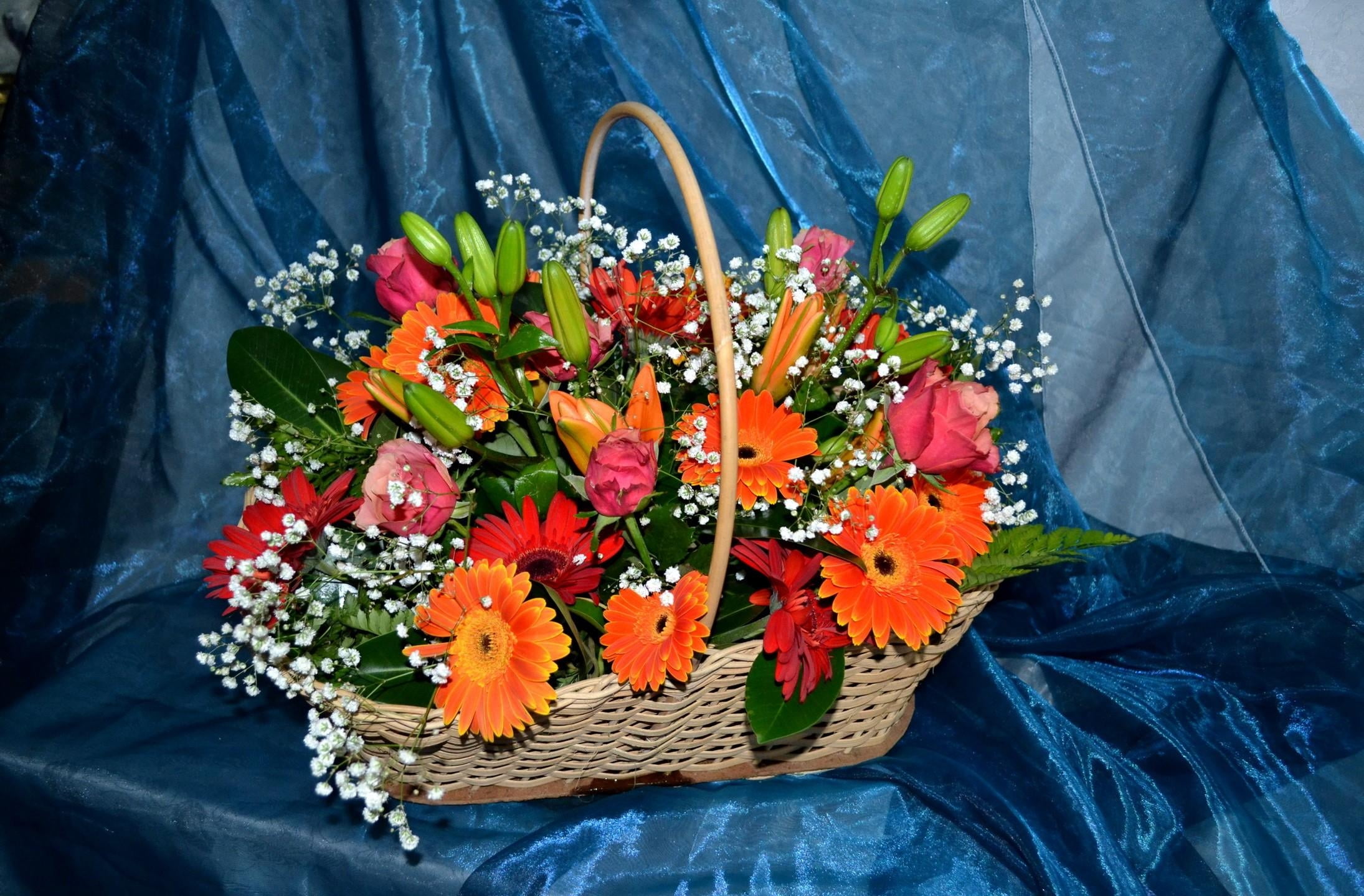 high angle view, fabric, decoration, arrangement, 1080P, orange color, freshness, inflorescence, gerberas, celebration, multi Colored, outdoors, beauty in nature, HD Wallpaper