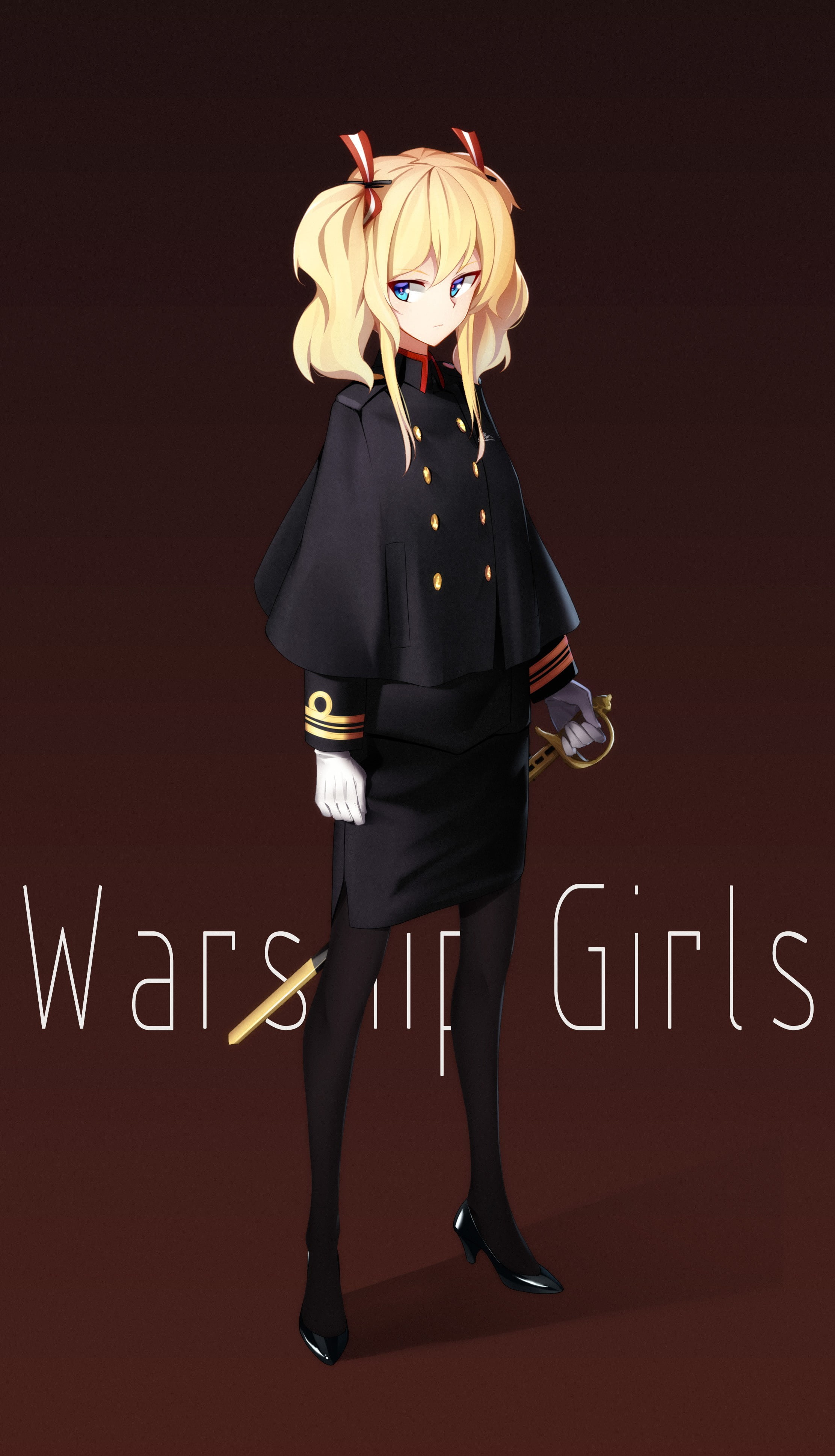 blue eyes, blonde, anime girls, Warship Girls, 4K, long hair, sword, twintails, uniform, anime, Phone HD Wallpaper