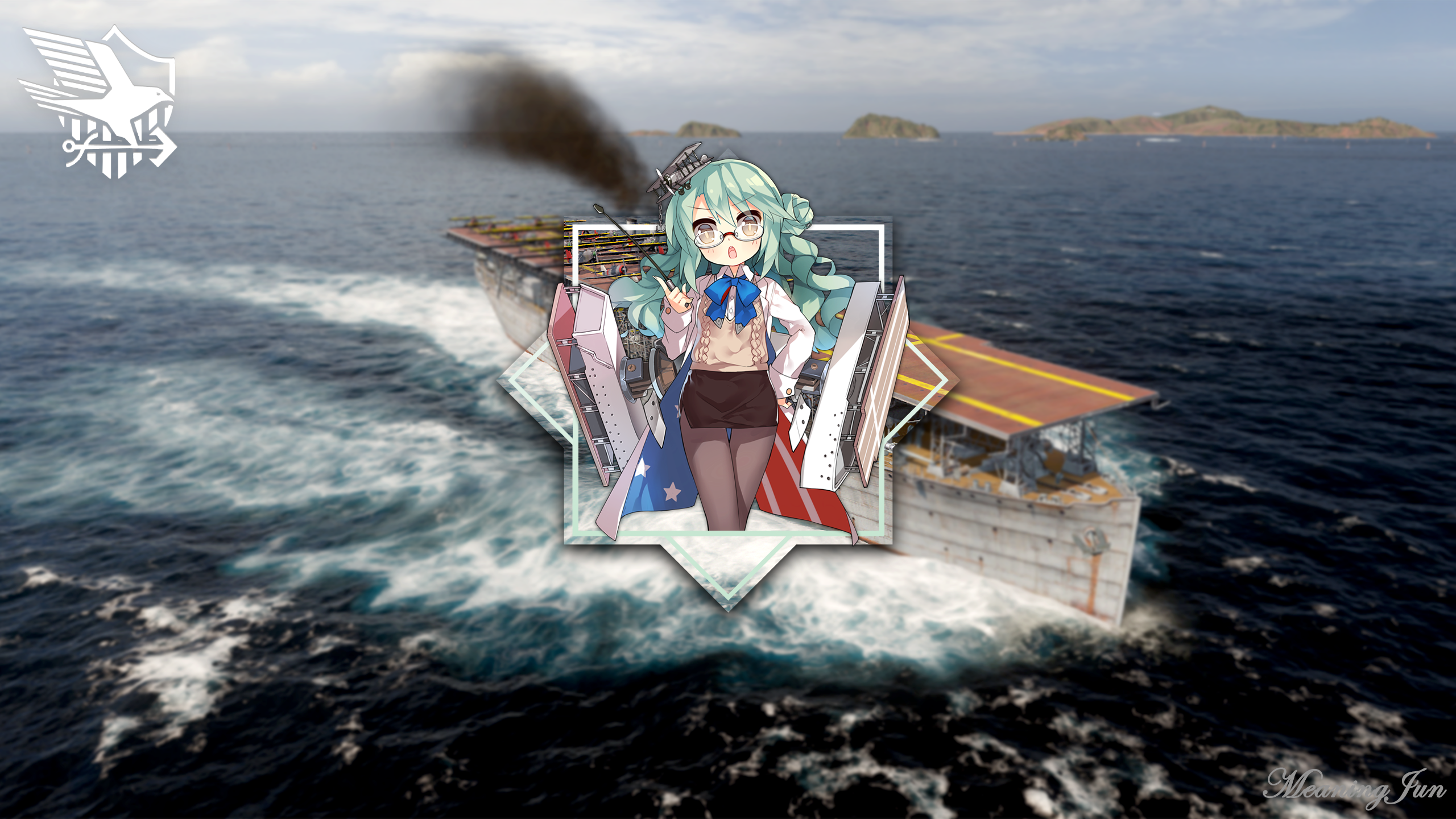 whips, World War II, 2K, Azur Lane, anime girls, sea, teachers, World War I, aircraft carrier, picture-in-picture, miniskirt, glasses, MeaningJun, anime, HD Wallpaper