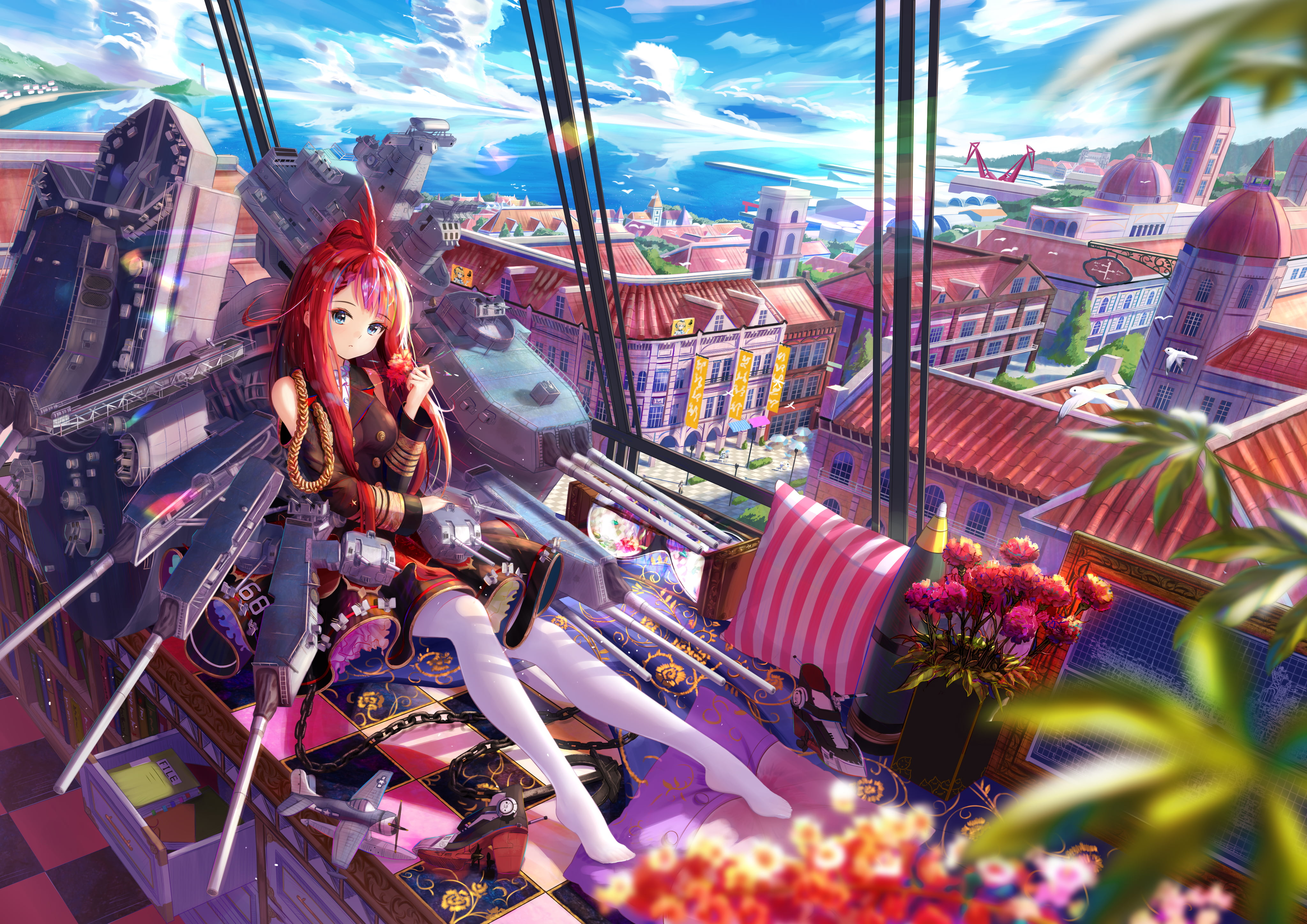 white stockings, 4K, Warship Girls, redhead, HD Wallpaper