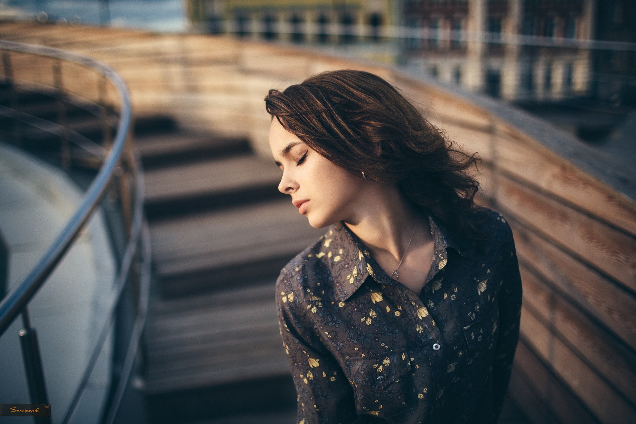 yellow, shirt, face, model, floral, gray, women, bridge, 1080P, s, portrait, button, HD Wallpaper