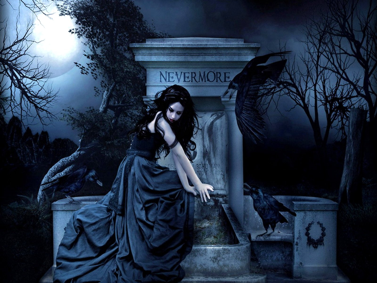 girl, ravens, 720P, nevermore, gothic, HD Wallpaper