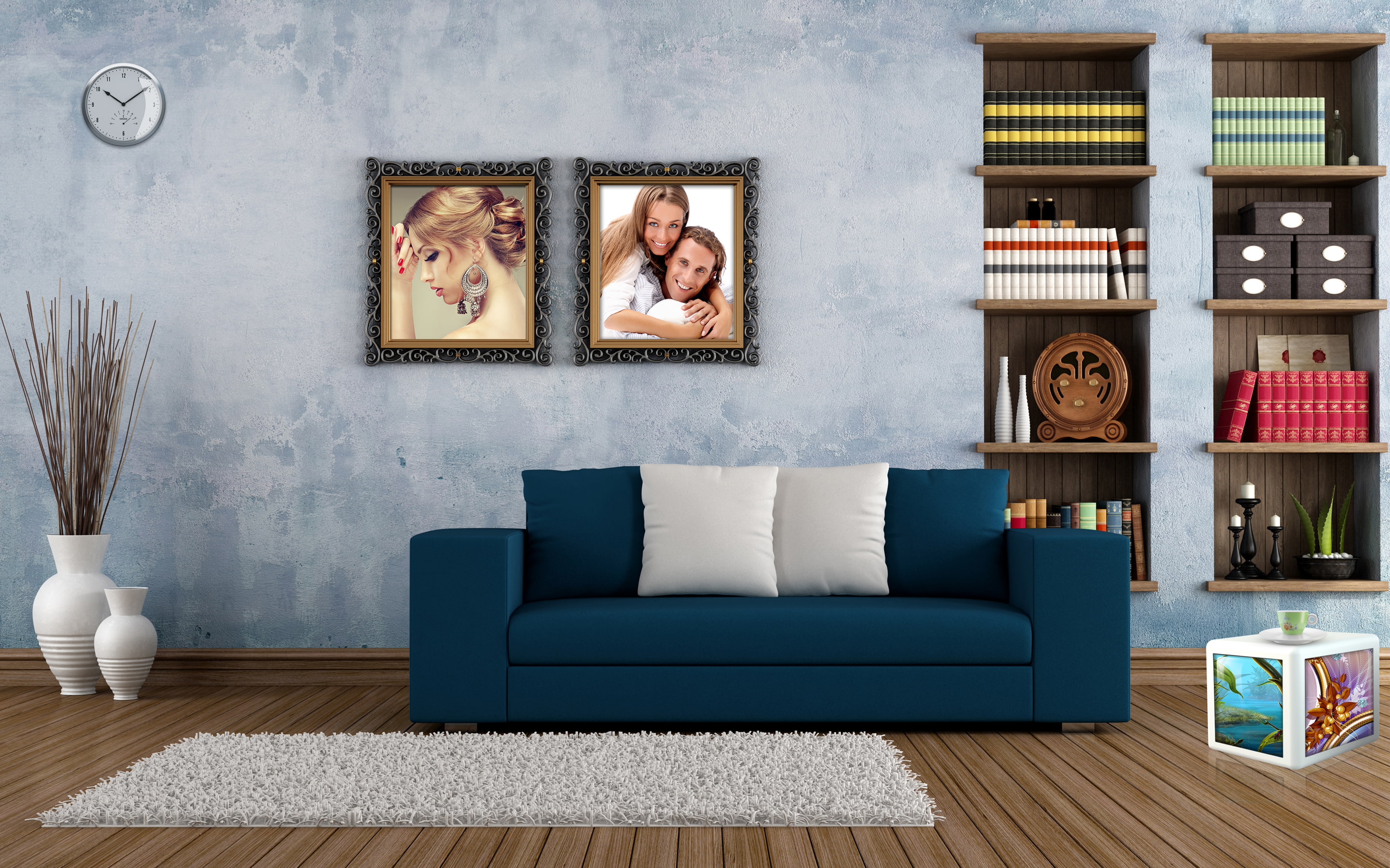 Room, vases, wardrobe, pillows, pictures, blue, couch, throw, sofa, built-in, 2K, HD Wallpaper
