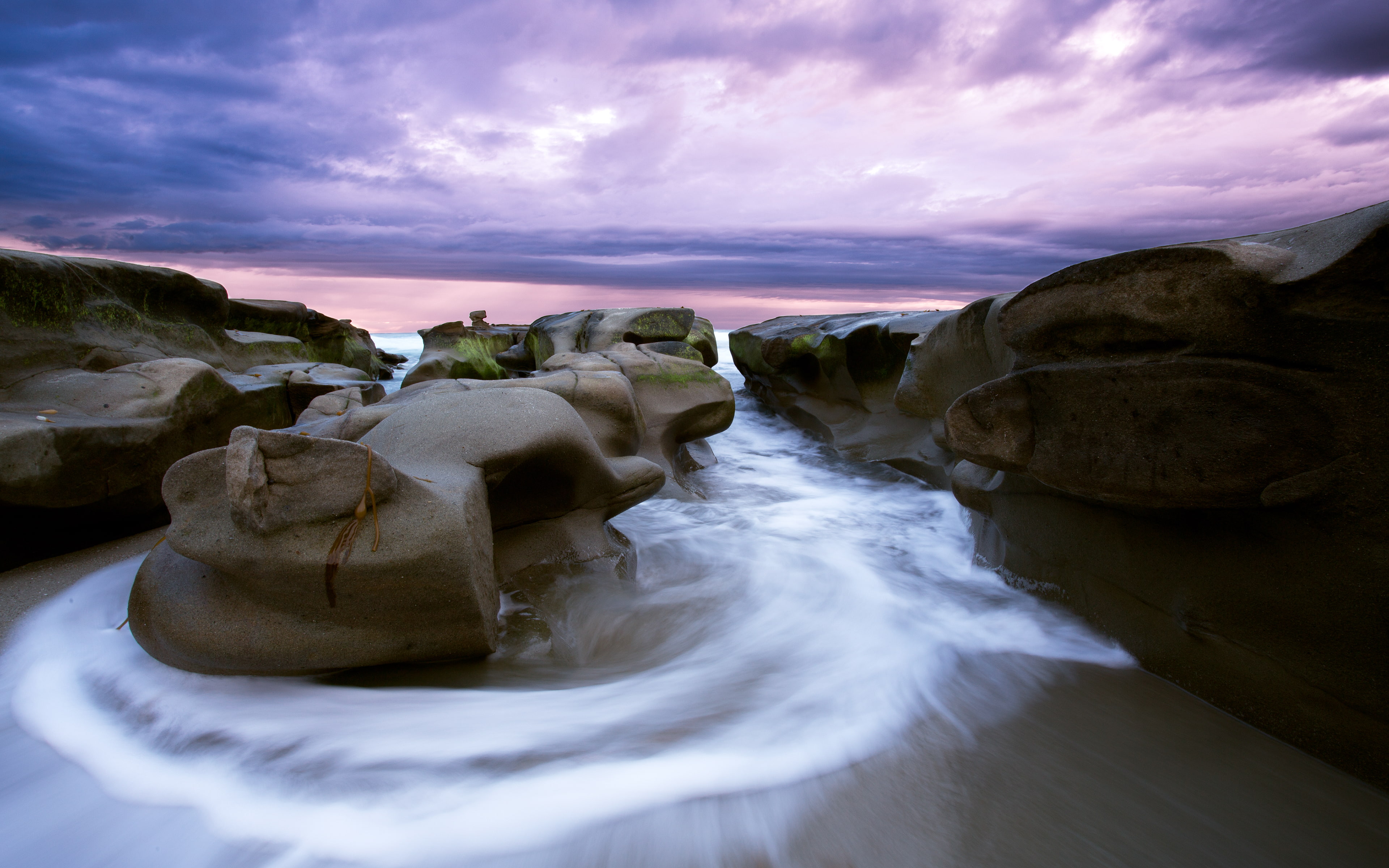 water, scenics - nature, tranquil scene, ocean, motion, no people, sunset, sea, beach, cloudy, eroded, nature, land, jolla, purple, rock, coastal, beauty in nature, HD Wallpaper