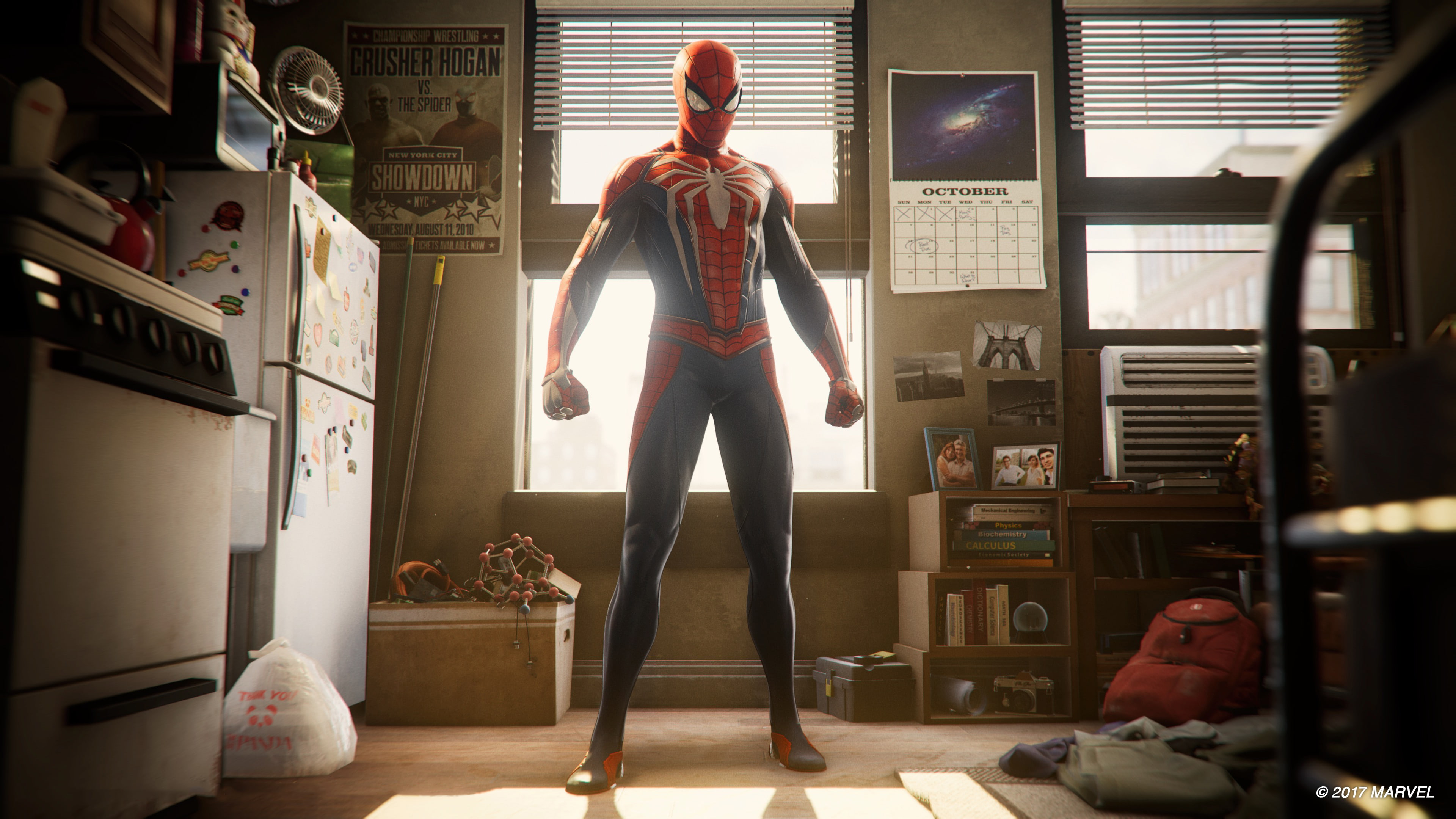 spiderman, games, sport, day, adult, casual clothing, front view, hd, people, domestic room, window, 2017 games, standing, marvel, full length, 4K, indoors, HD Wallpaper