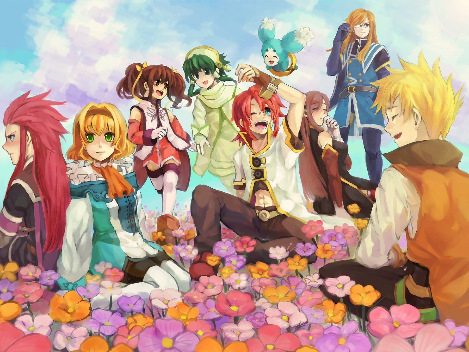 asch, red, green, mieu, soapwort, glasses, guy, wink, 720P, gloves, cape, eyes, hair, long, ion, twintails, brown, thighhighs, cecil, flowers, HD Wallpaper