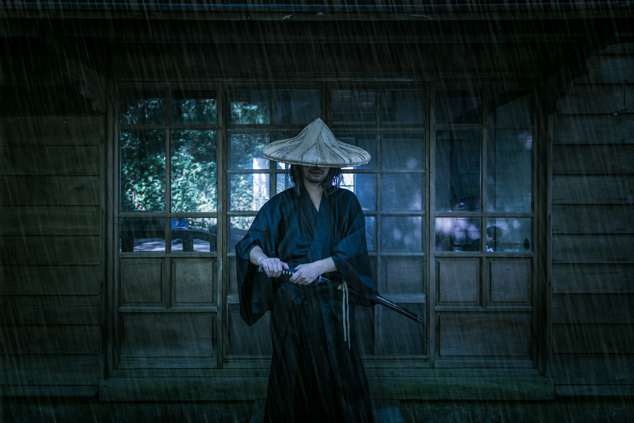 built structure, outdoors, male, front view, waist up, architecture, sword, night, standing, building exterior, 1080P, adult, hat, samurai, katana, character, HD Wallpaper