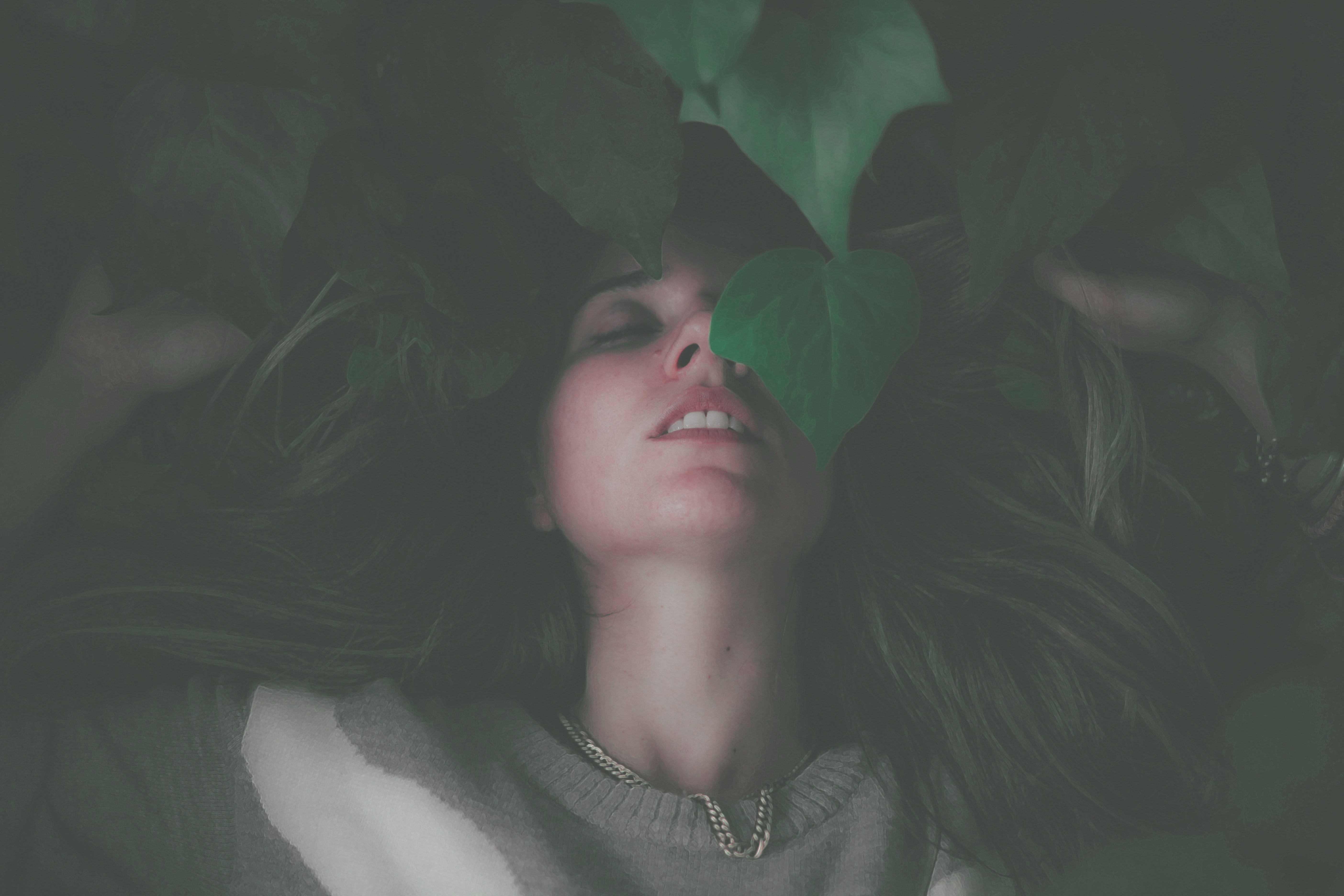 closed, lying down, green leaves, gray, eyes, s, 5K, closed eyes, lying, leaves, green, diffused, sweater, crewneck, women, HD Wallpaper