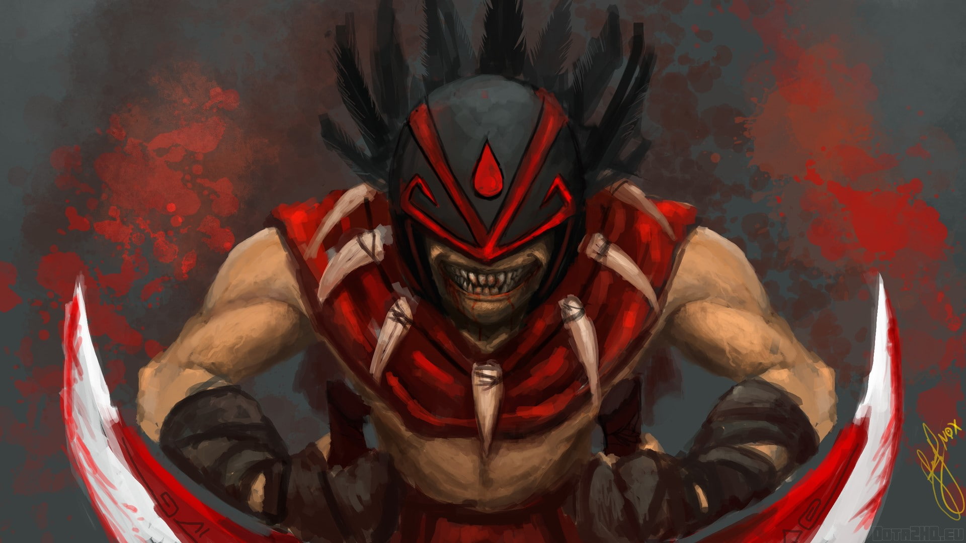 unrecognizable person, close-up, emotion, Bloodseeker, helmet, aggression, front view, red, obscured face, evil, headwear, Smell of blood, Dota 2, people, HD Wallpaper