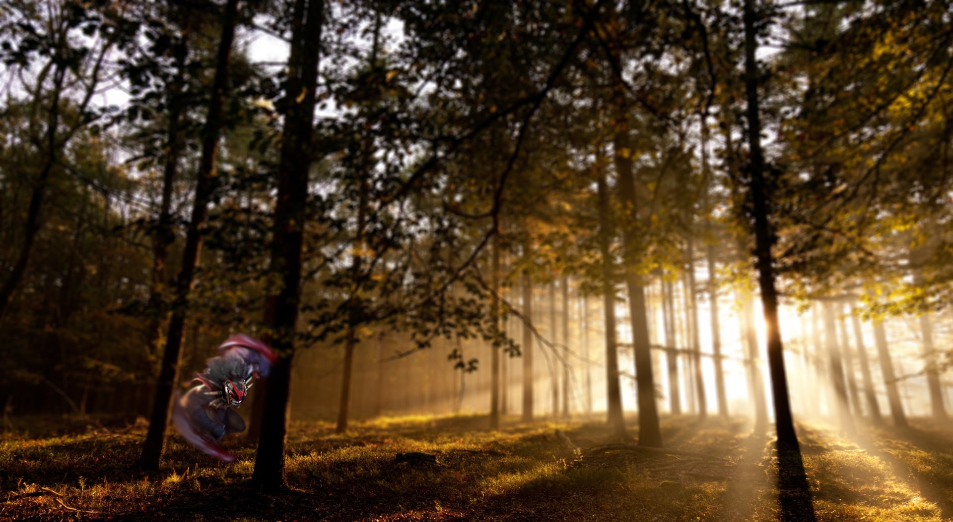 dota 2, woodland, 1080P, ancient, game, young adult, full length, defenders, DotA, land, forest, autumn, leafed, tree, videogame, Games, bloodseeker, miniature, HD Wallpaper