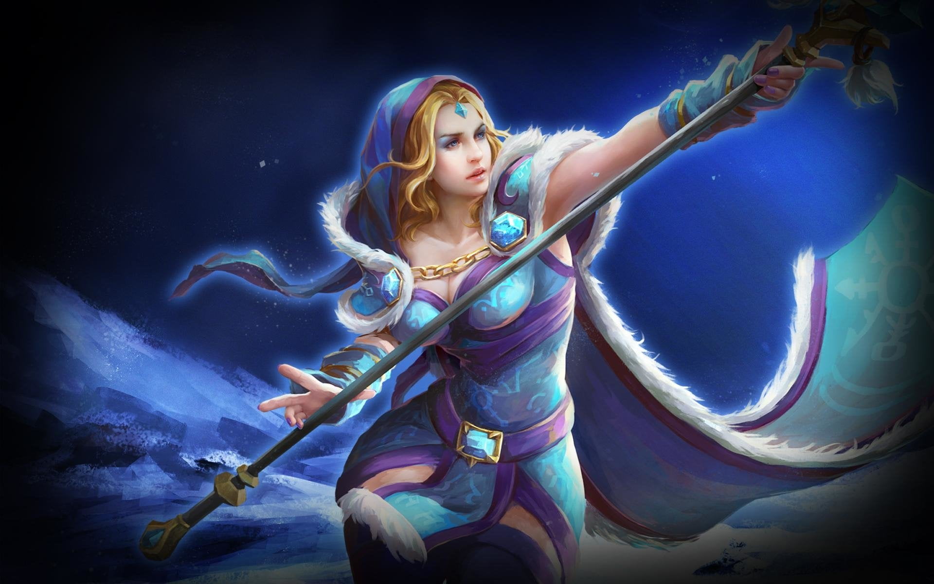 Crystal Maiden (DotA 2), Dota, holding, blue, hairstyle, women, young adult, music, rylai, 1080P, long hair, blond hair, arts culture and entertainment, HD Wallpaper