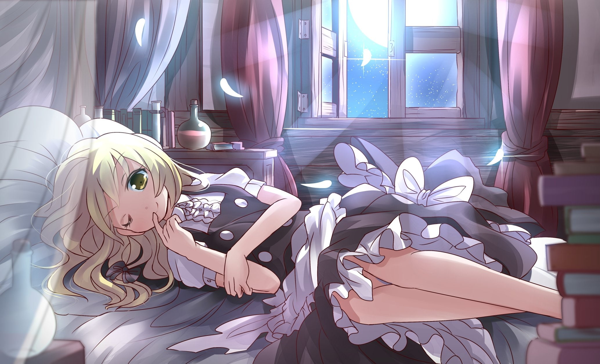 wink, moon, risutaru, marisa, night, yellow, blonde, hair, kirisame, 1080P, touhou, long, eyes, stars, HD Wallpaper