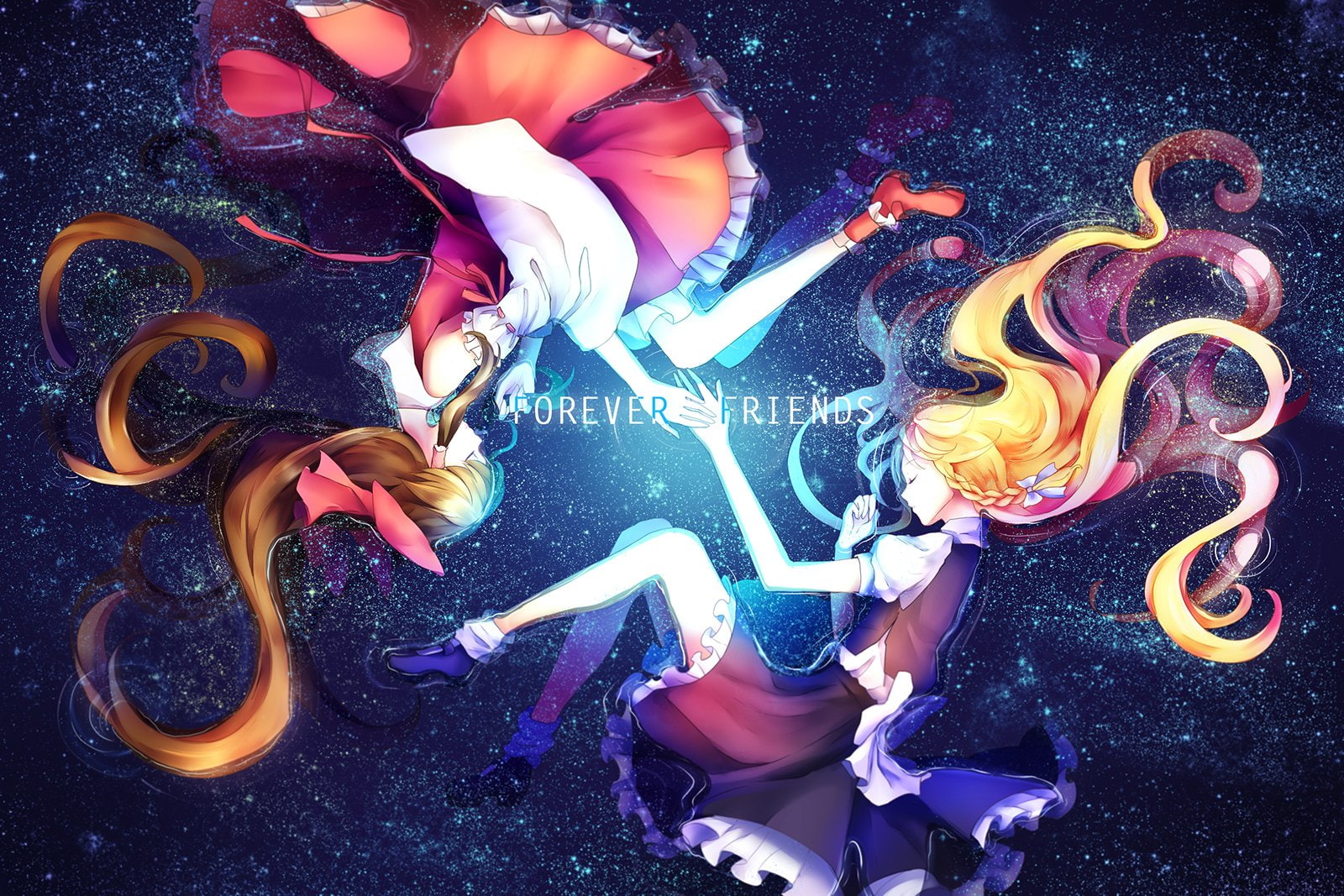 kirisame, hair, blonde, long, brown, stars, girls, water, reimu, touhou, hakurei, braids, japanese, (vivianling), 720P, ling, skirt, clothes, bow, marisa, HD Wallpaper