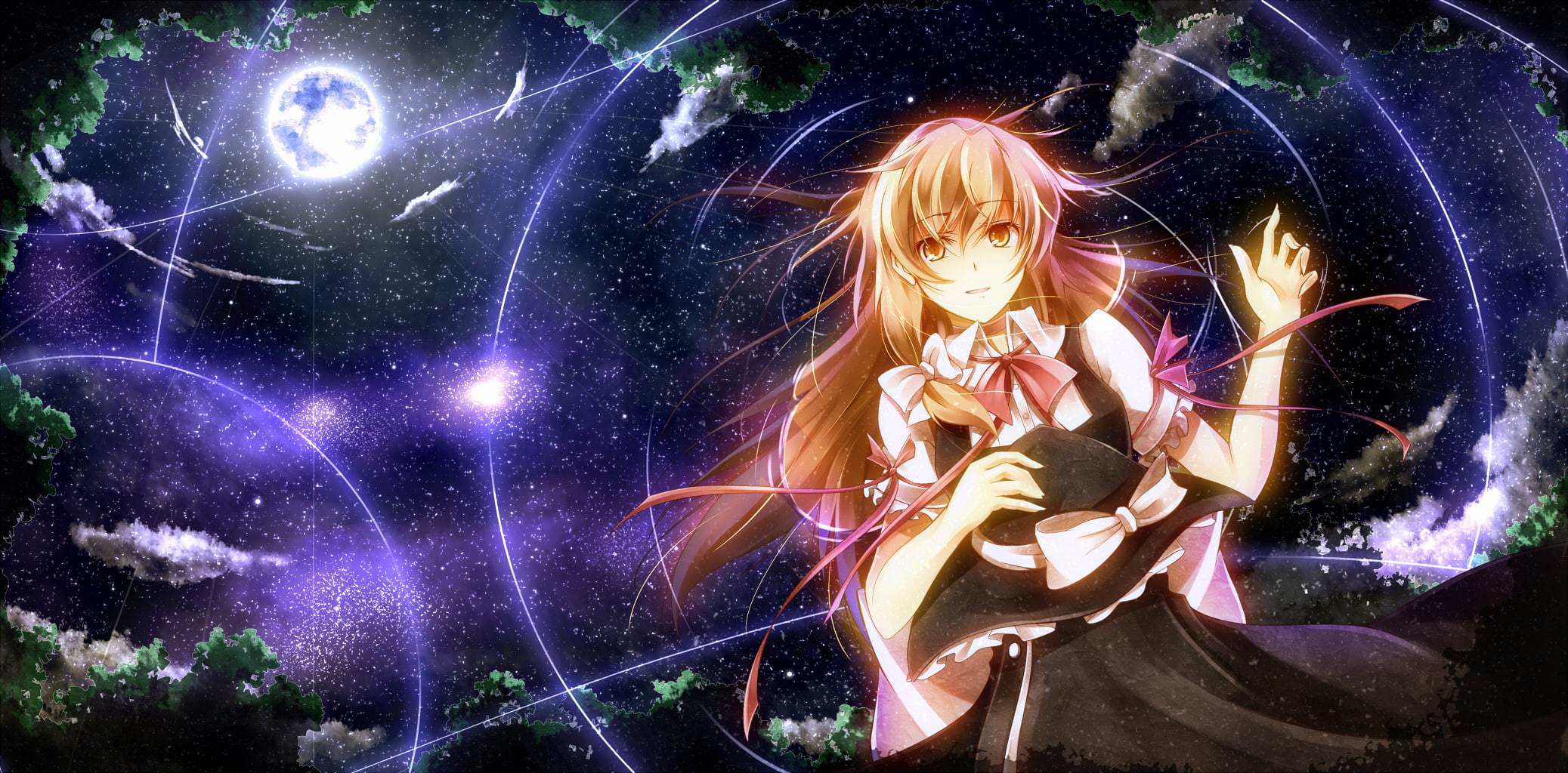 mutsumi, hair, moon, eyes, brown, touhou, witch, stars, 1080P, kirisame, hat, ribbons, marisa, shirayuki, night, HD Wallpaper