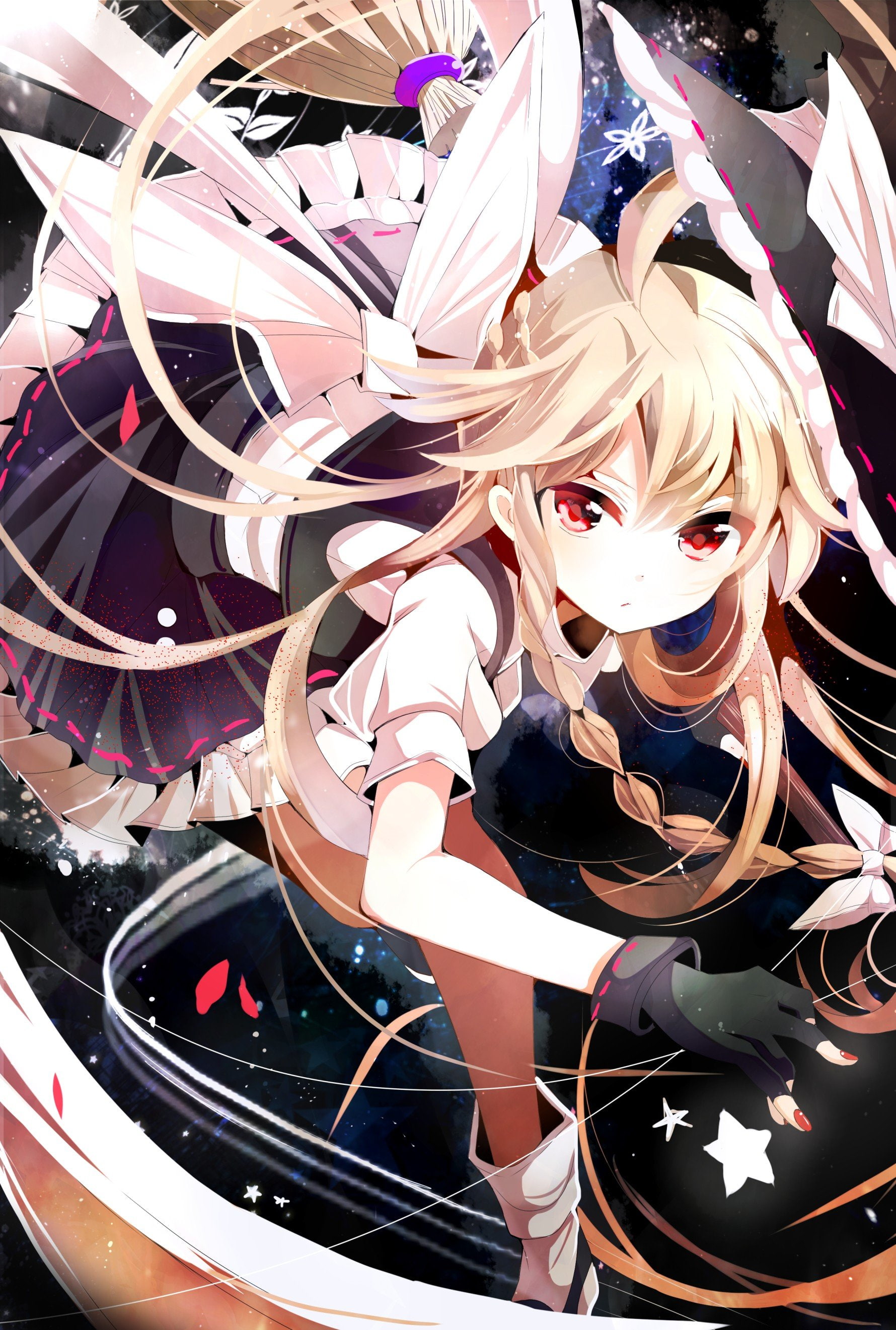 Anime Girls, ribbon, Red Eyes, anime, Kirisame Marisa, touhou, stars, Flower Petals, Long Hair, 2K, Broom, Braids, Phone HD Wallpaper