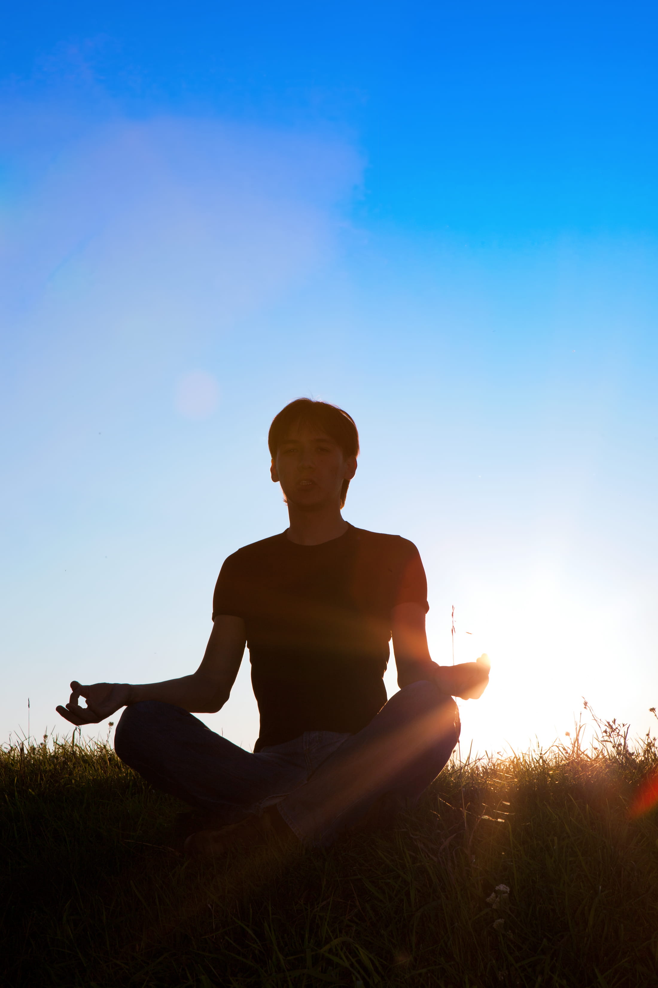 sun, field, yoga, summer, leisure activity, meditating, nature, person, sky, meditation, fresh, relax, lifestyles, vitality, zen-like, people, 2K, lotus, Phone HD Wallpaper