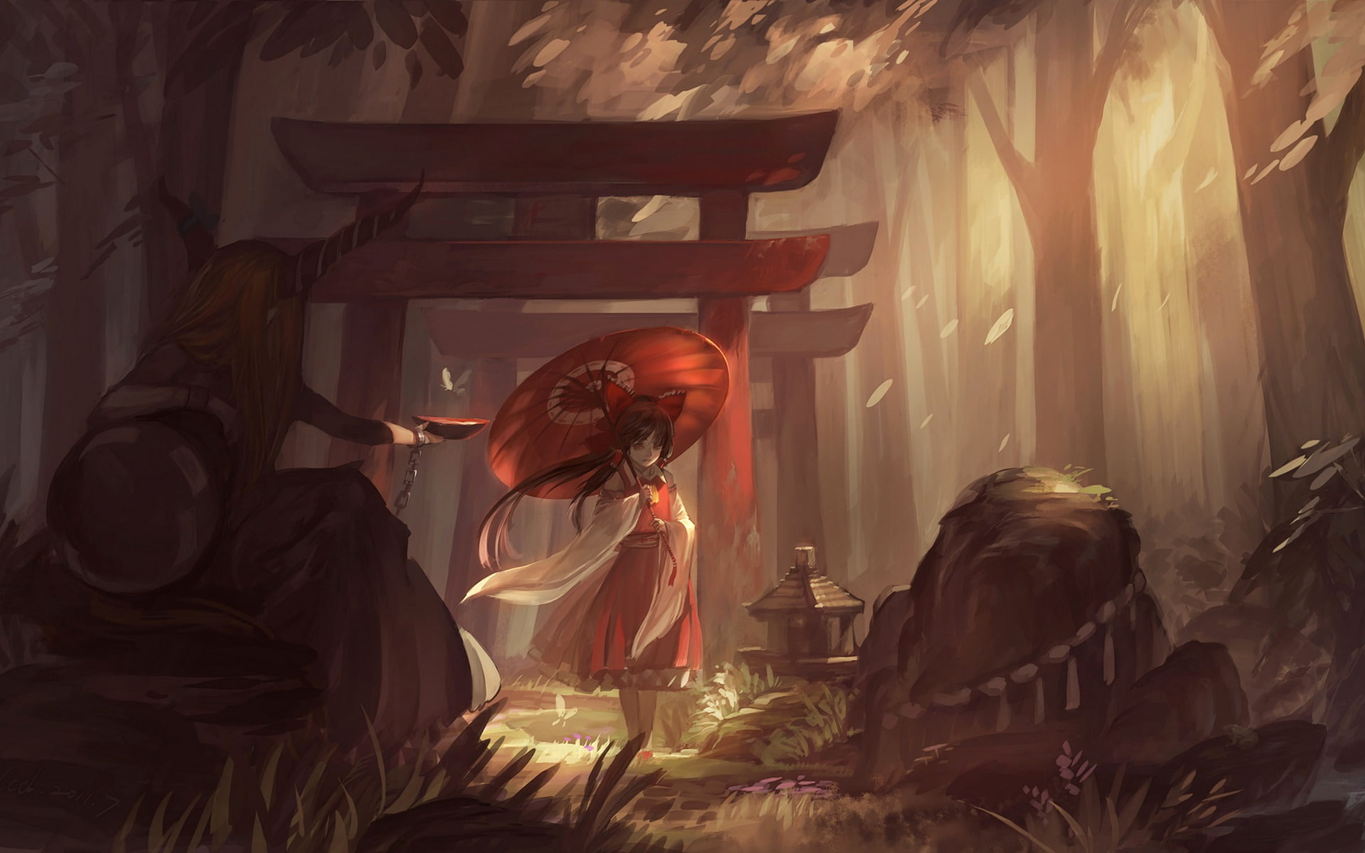 Suika Ibuki, Anime, Touhou, oil, holding, Street, female, character, paper, 1080P, umbrella, Reimu Hakurei, HD Wallpaper