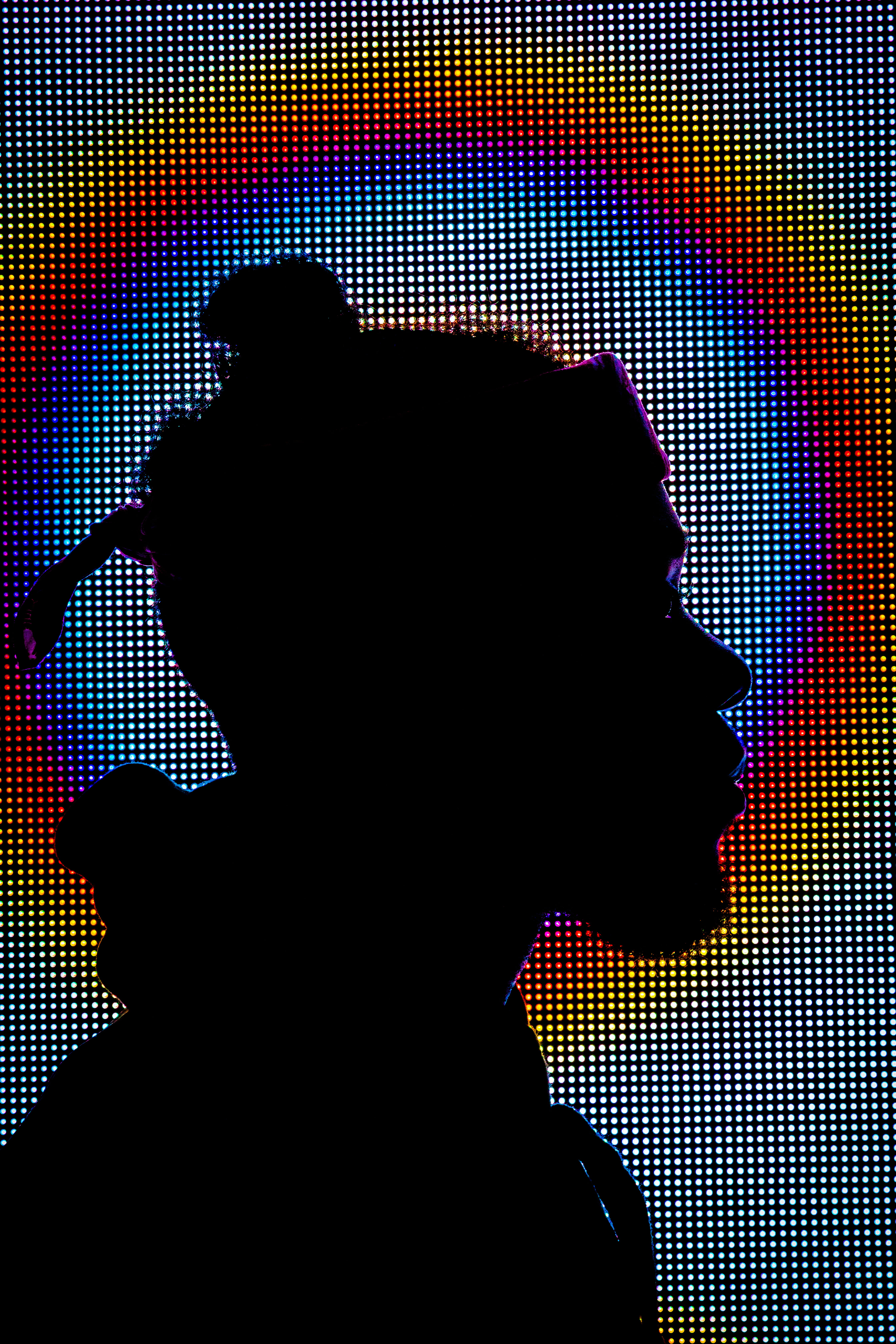 digital, nightlife, lifestyles, silhouette, man, color, pattern, right, illuminated, light, pixels, night, dot, two people, headshot, people, profile, facing, Phone HD Wallpaper