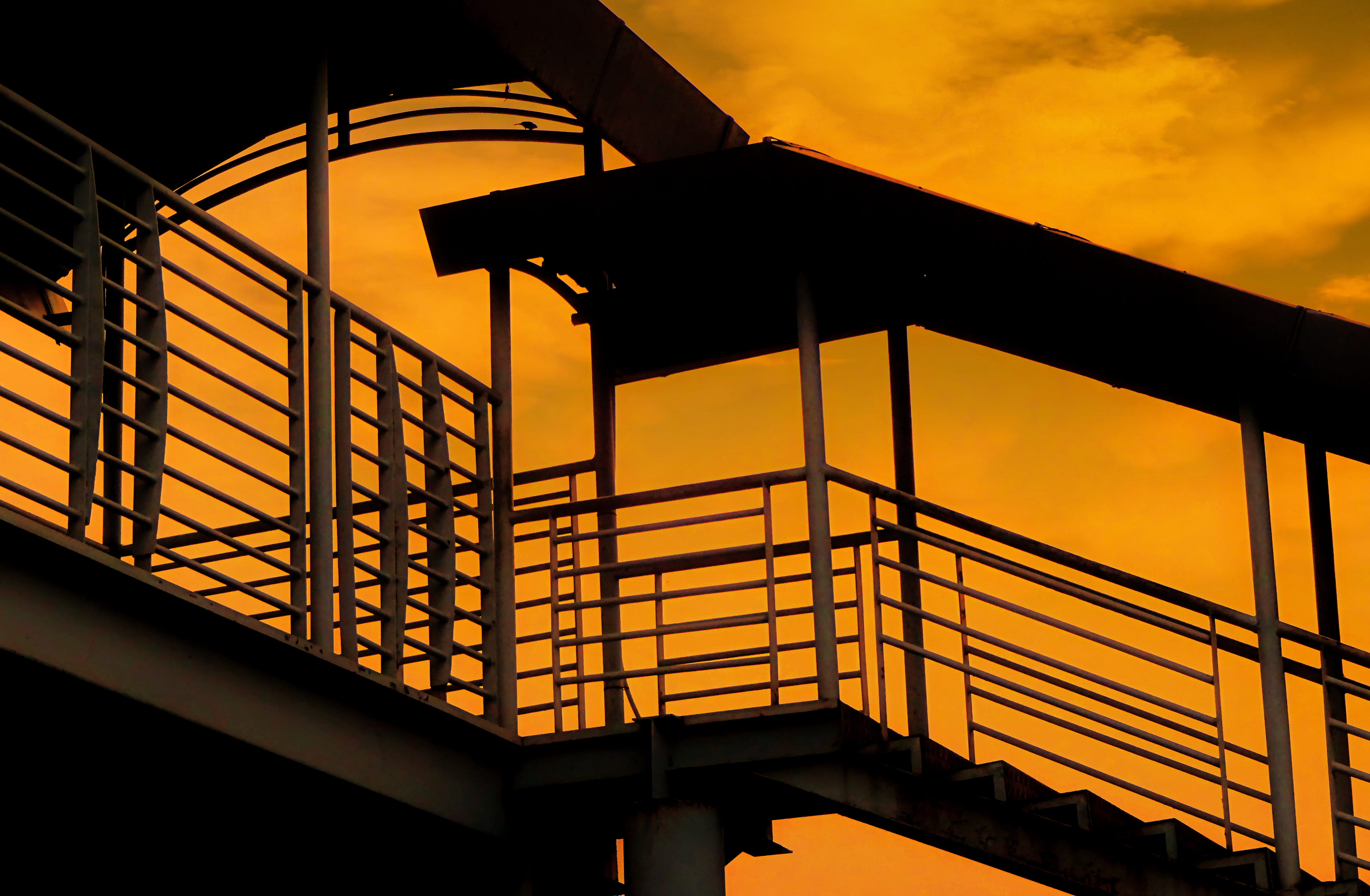 pedestrian, quiet, cloud - sky, yellow, sunny, sky, street, 4K, metal, illuminated, city, indonesia, afternoon, railing, building exterior, bridge - man made structure, HD Wallpaper