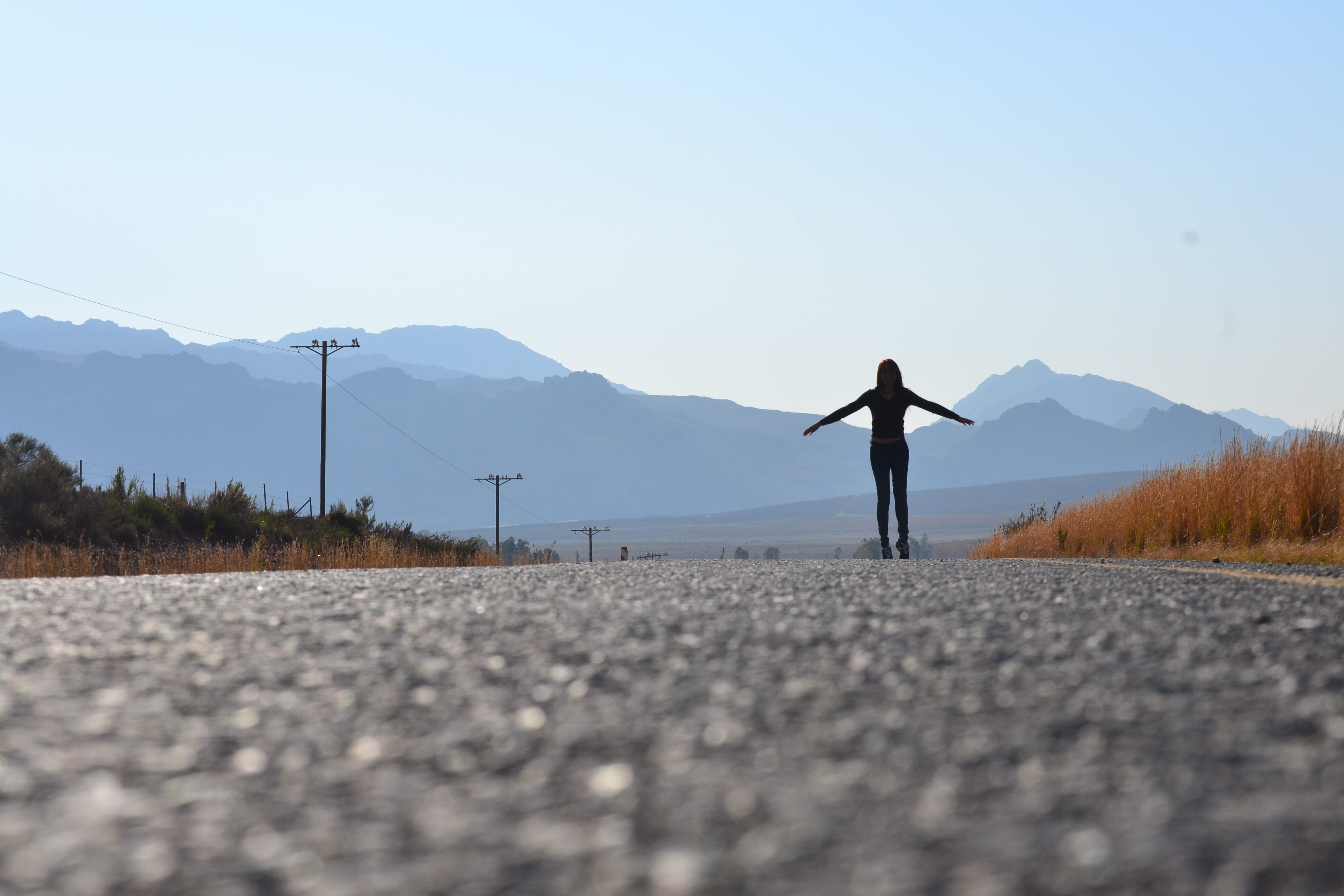 arms raised, sky, beauty in nature, silhuette, clear sky, rear view, outdoors, south africa, leisure activity, trees, arms outstretched, limb, ceres, road, HD Wallpaper