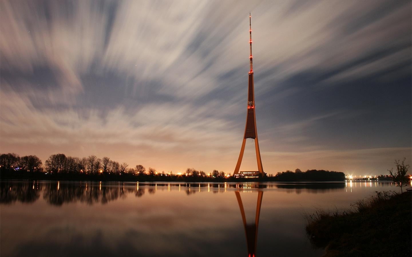tranquil scene, water, reflection, no people, urban, tall - high, beauty in nature, tower, sky, lighted, tourism, town, nature, black, cloud - sky, tree, HD Wallpaper