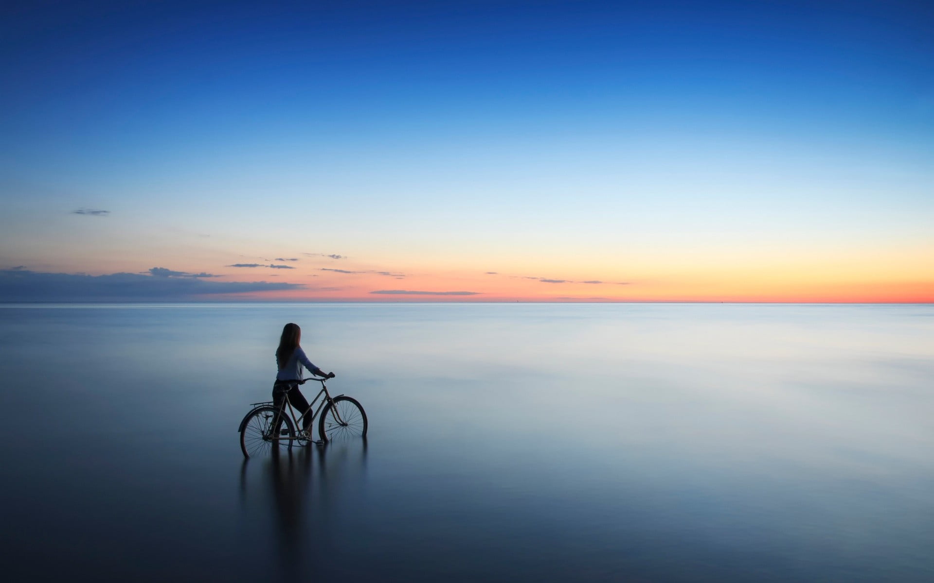 lifestyles, riding, water, nature, women, horizon, tranquility, scenics - nature, one person, tranquil scene, Latvia, beauty in nature, bicycle, copy space, HD Wallpaper