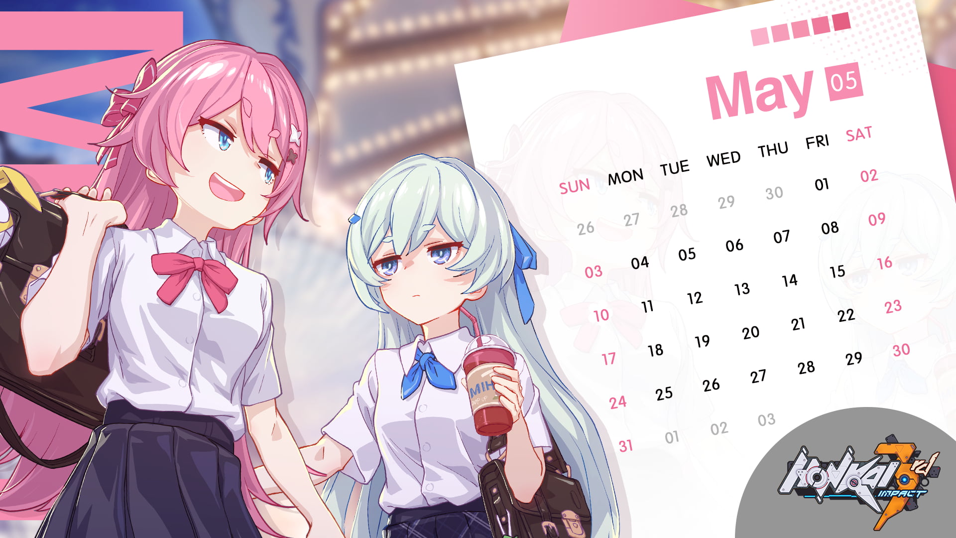 1080P, digital art, anime girls, Honkai Impact, video games, pink hair, long hair, calendar, artwork, Rozaliya Olenyeva, Liliya Olenyeva, Honkai Impact 3rd, HD Wallpaper