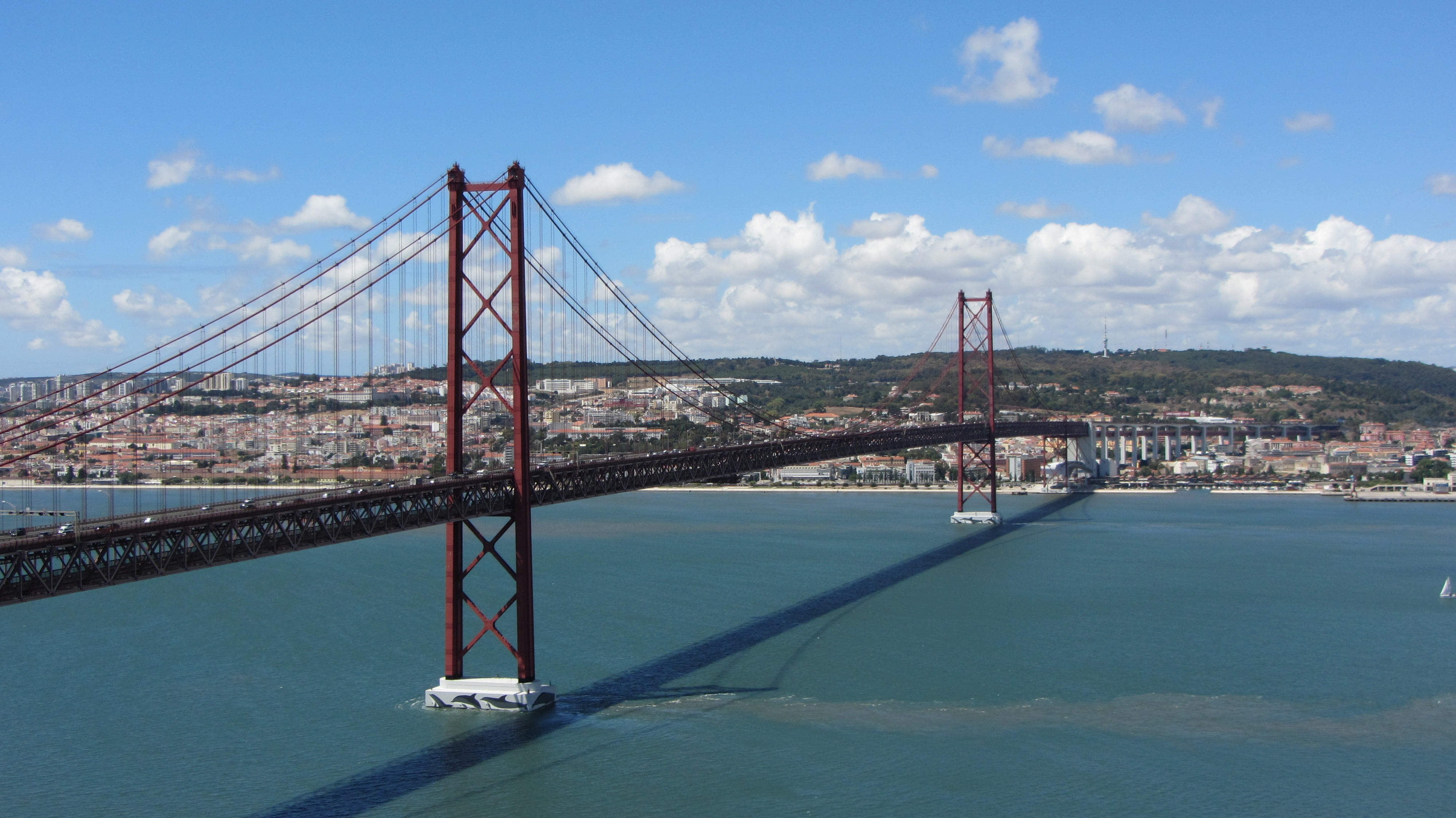 sky, water, tourism, building exterior, suspension bridge, connection, nature, city, architecture, cloud - sky, engineering, bridge, travel destinations, HD Wallpaper