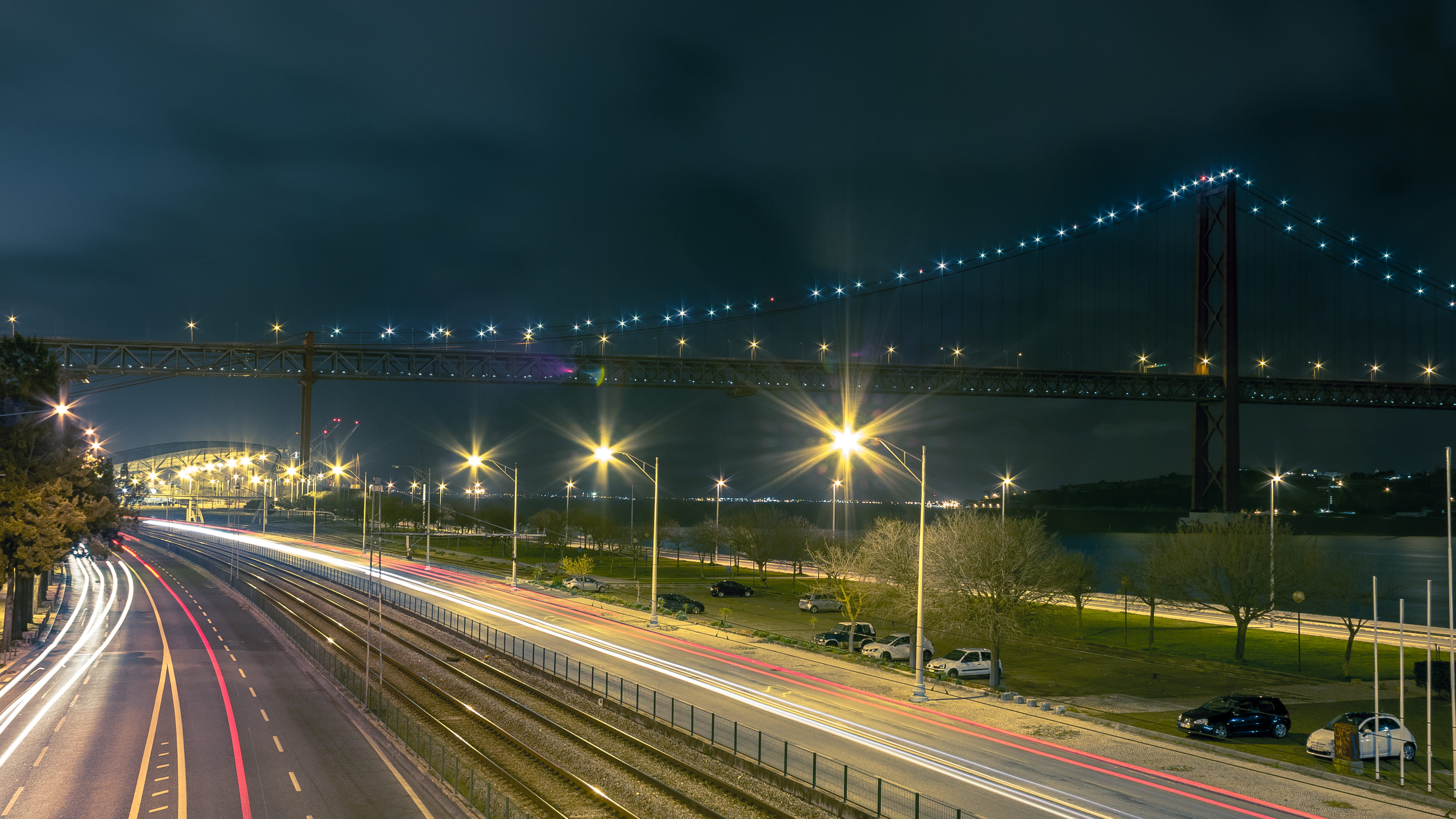 illuminated, sky, bridge, connection, lighting equipment, light, highway, motion, car, road, mode of transportation, urban, speed, long exposure, city, HD Wallpaper