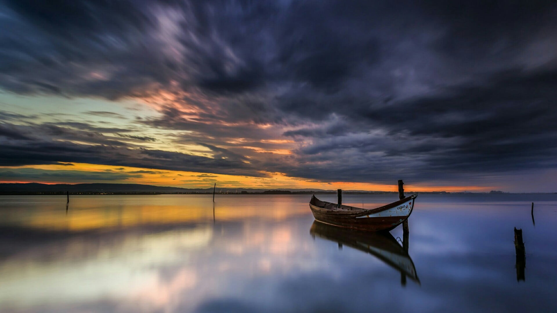 water, nautical vessel, cloud - sky, sunset, evening, outdoors, horizon, transportation, reflection, nature, dramatic sky, lagoon, murtosa, moored, idyllic, HD Wallpaper