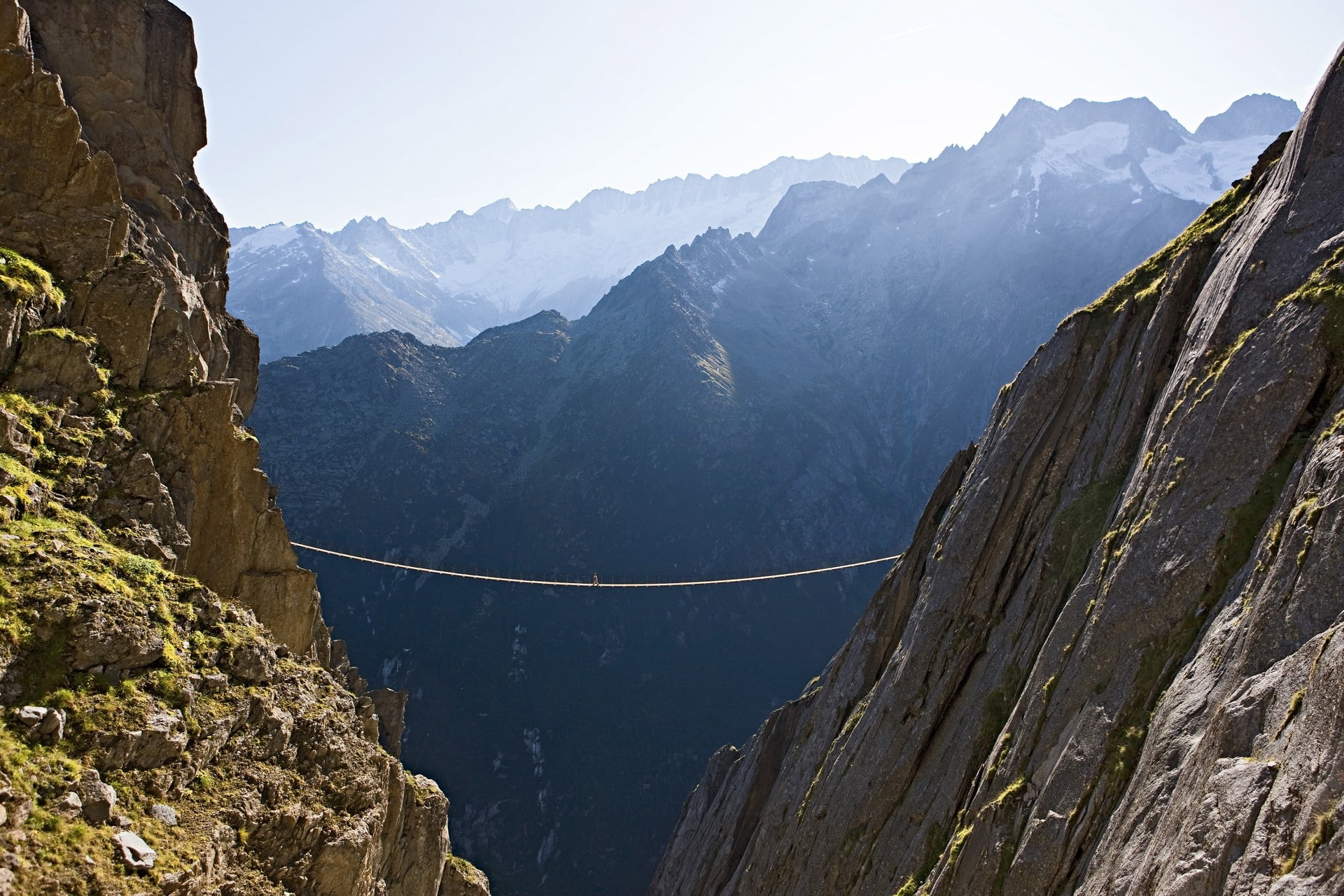 suspension bridge, 1080P, mountains, bridge, landscape, nature, HD Wallpaper