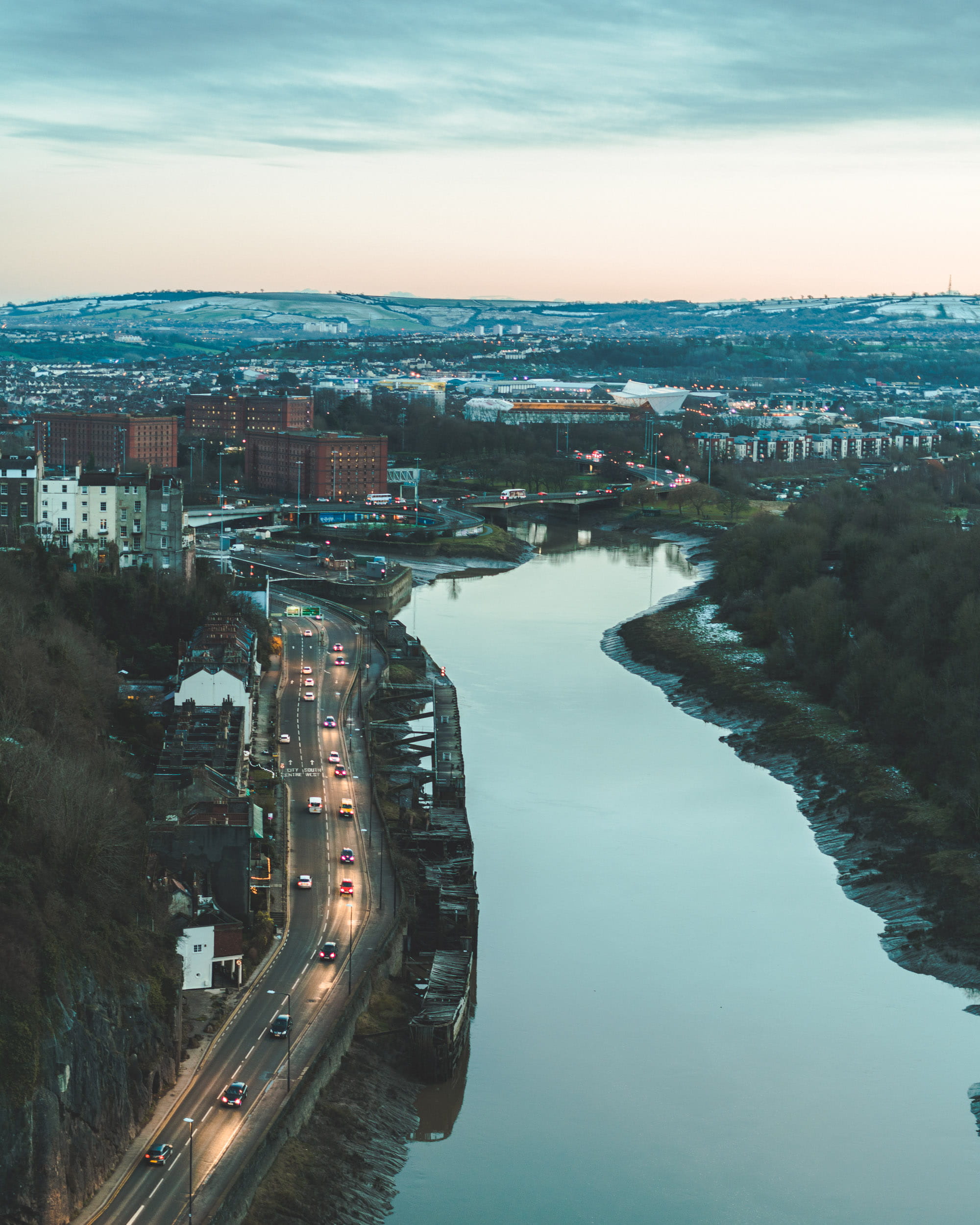 sky, architecture, bristol, 1080P, cityscape, england, built structure, landscape, top view, urban, highway, road, residential district, river, bridge - man made structure, Phone HD Wallpaper