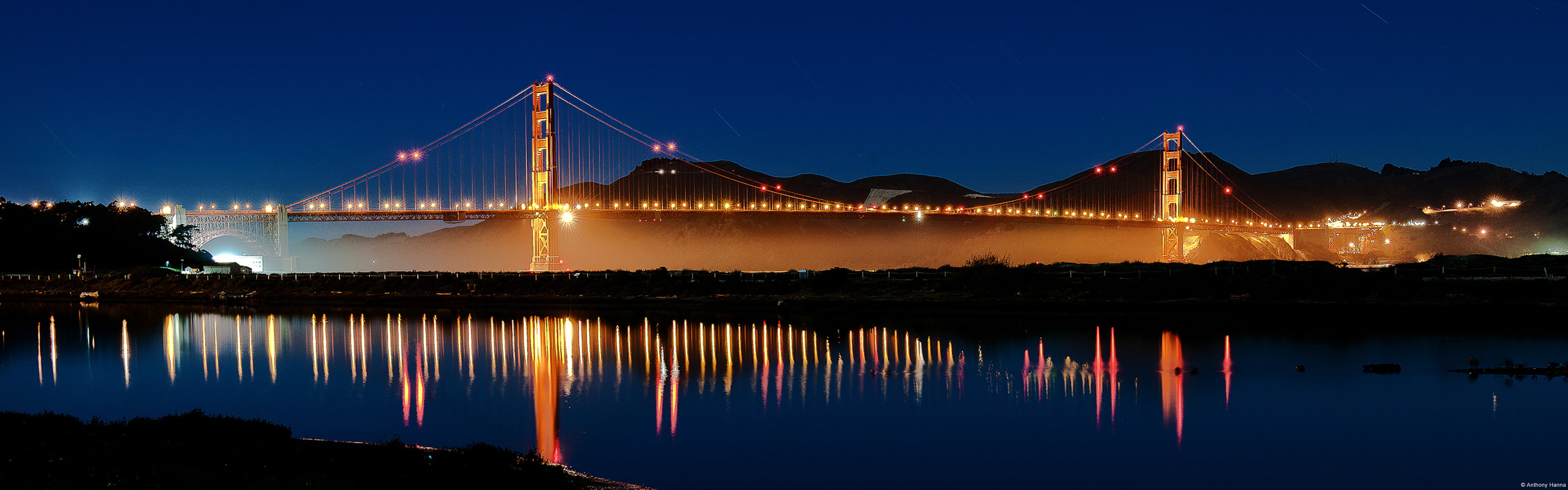 cityscape, long exposure, river, reflection, illuminated, outdoors, transportation, night, suspension bridge, nature, architecture, connection, building exterior, HD Wallpaper